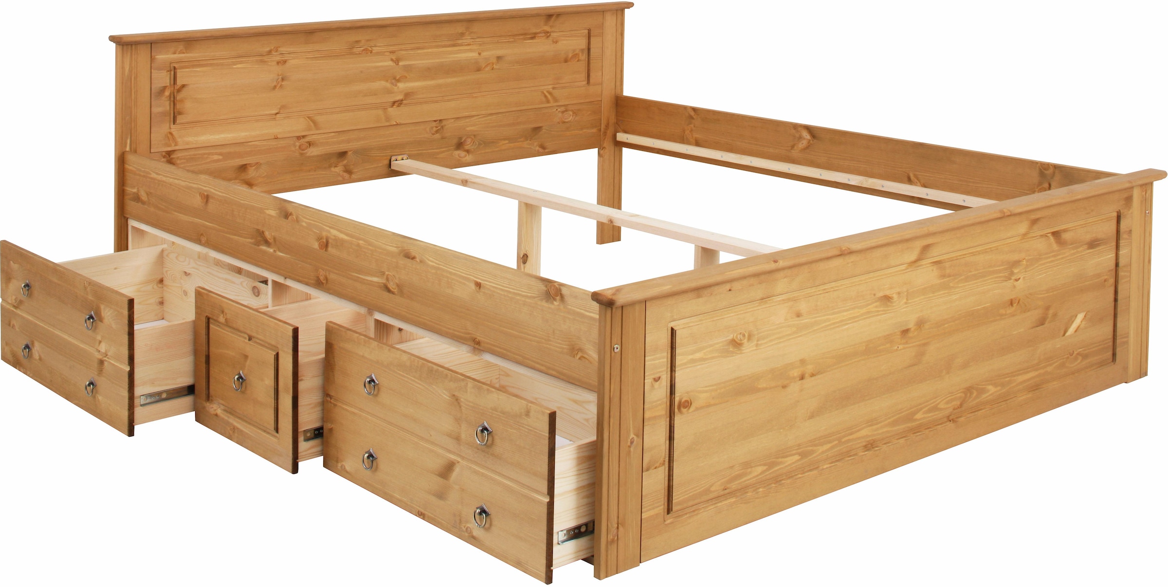 Home affaire Massivholzbett »Hugo, hohe Belastbarkeit! FSC® zertifiziertes Massivholz, Landhausstil«, (Breite/Belastbarkeit 180cm/200KG, 140cm/180KG), Stauraumbett aus massiver Kiefer