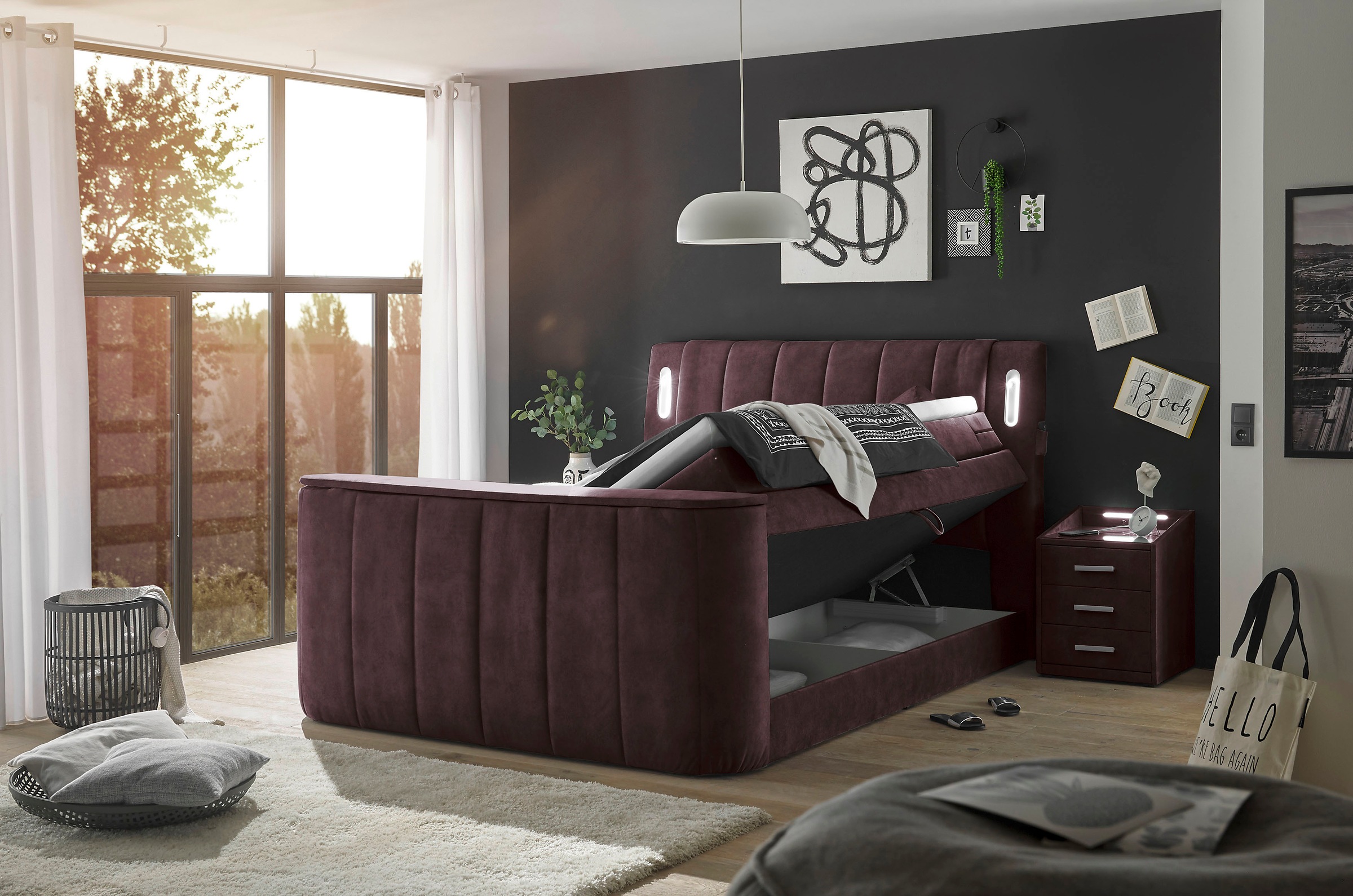 ED EXCITING DESIGN Boxspringbett »Dallas«,  inkl. Topper, LED-Beleuchtung, TV Halterung (bis 40 Zoll) und 2 Bettkästen