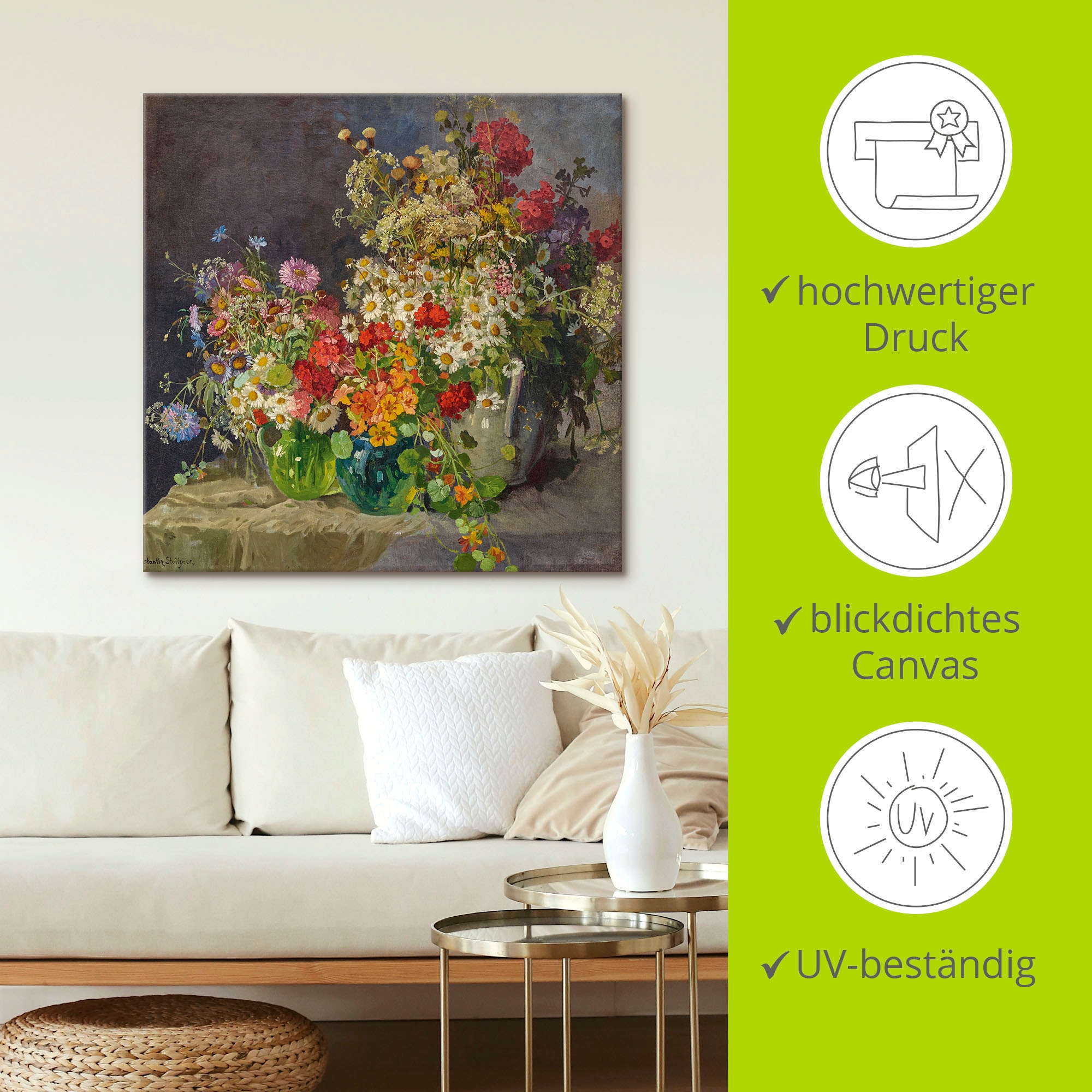 Artland Leinwandbild »Stillleben mit Wiesenblumen in Krügen.«, Arrangements, (1 St.), auf Keilrahmen gespannt