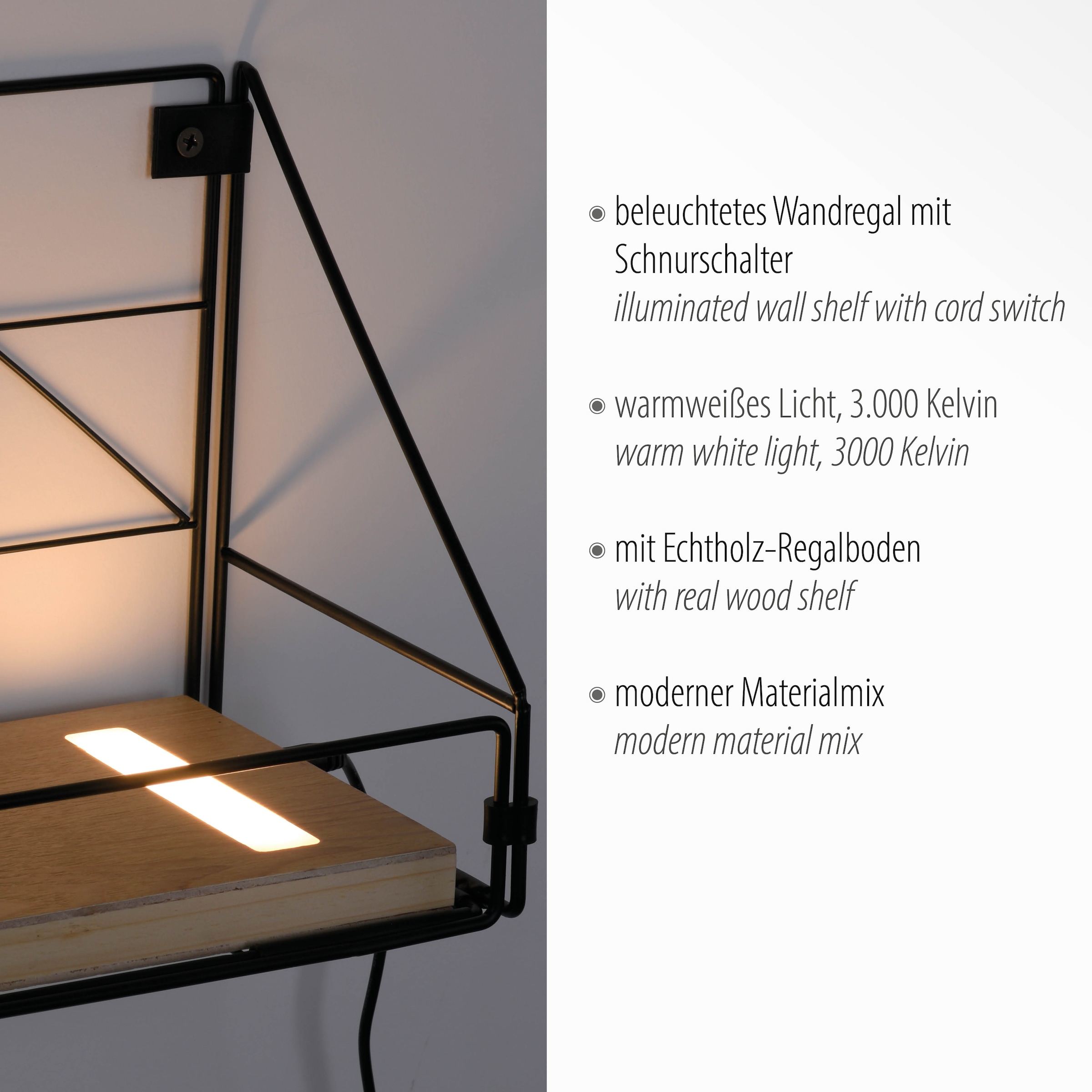 JUST LIGHT Wandleuchte »BOARD«, 1 flammig, Leuchtmittel LED-Board | LED fest integriert, LED, Schalter, Schnurschalter