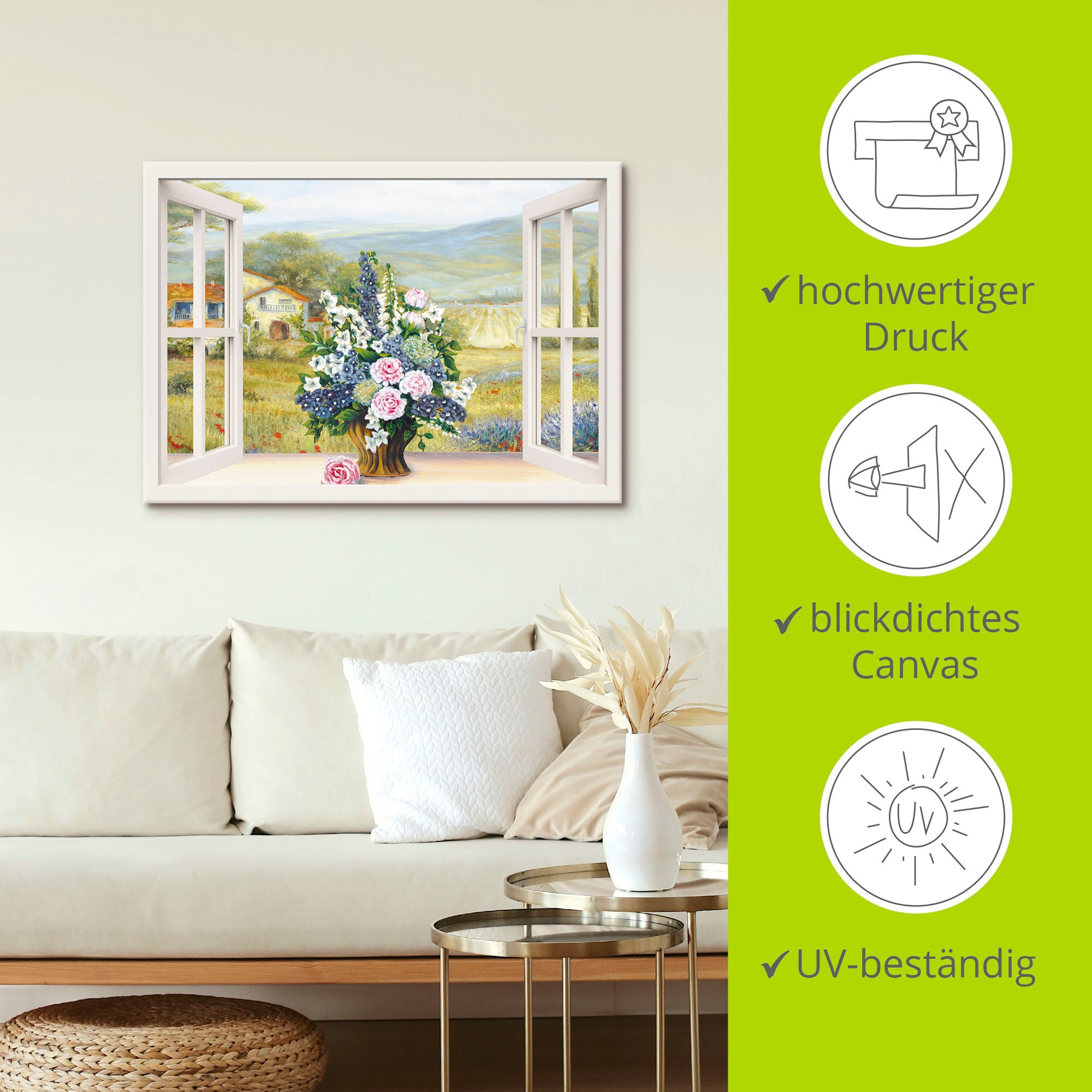 Artland Leinwandbild »Blumenbouquet am weißen Fenster«, Arrangements, (1 St.), auf Keilrahmen gespannt