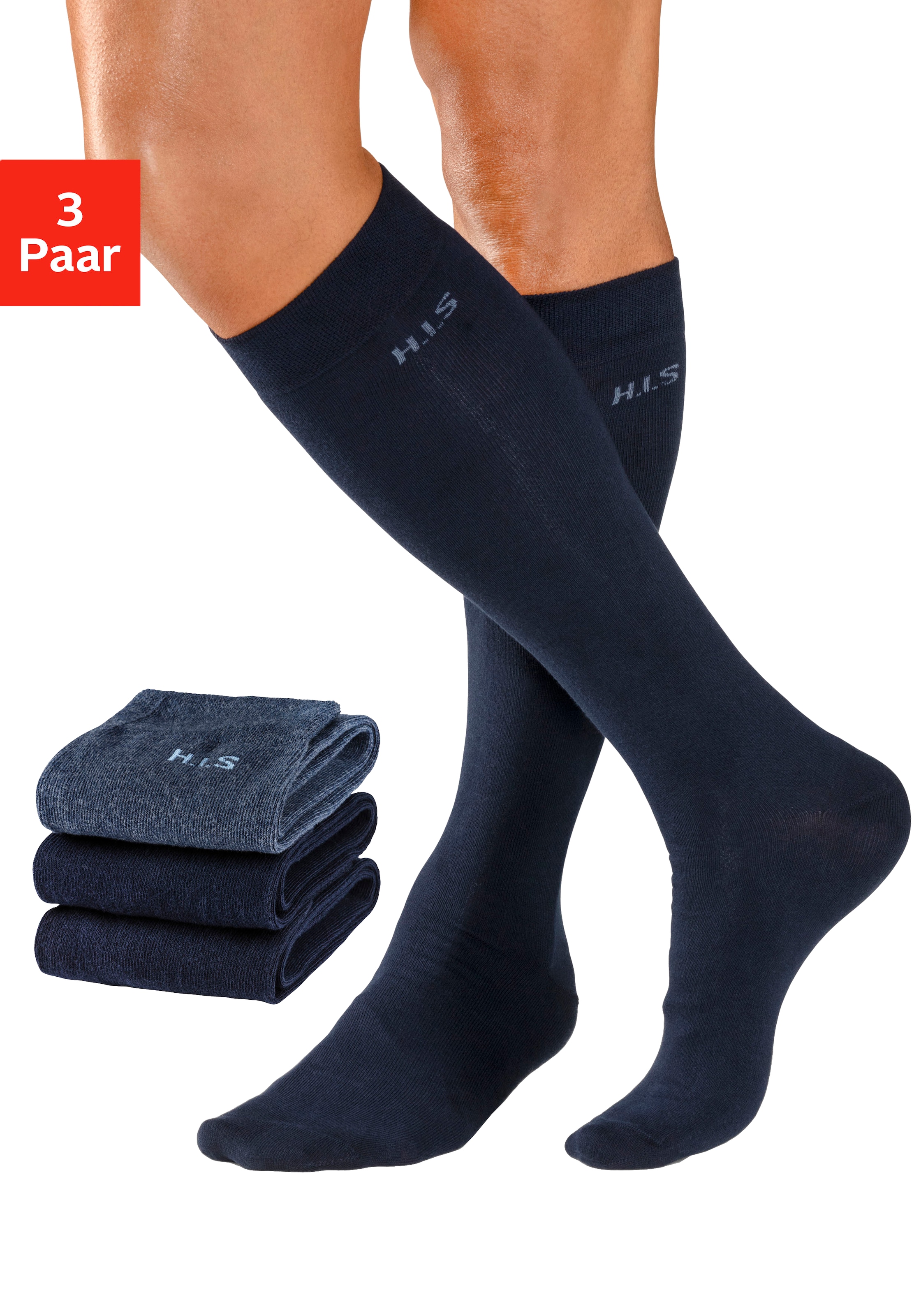 H.I.S Kniestrümpfe "Basic Herren Strümpfe Komfortsocken, Alltagssocken" Packung, 3 Stk. tlg. mit druckfreiem Bündchen