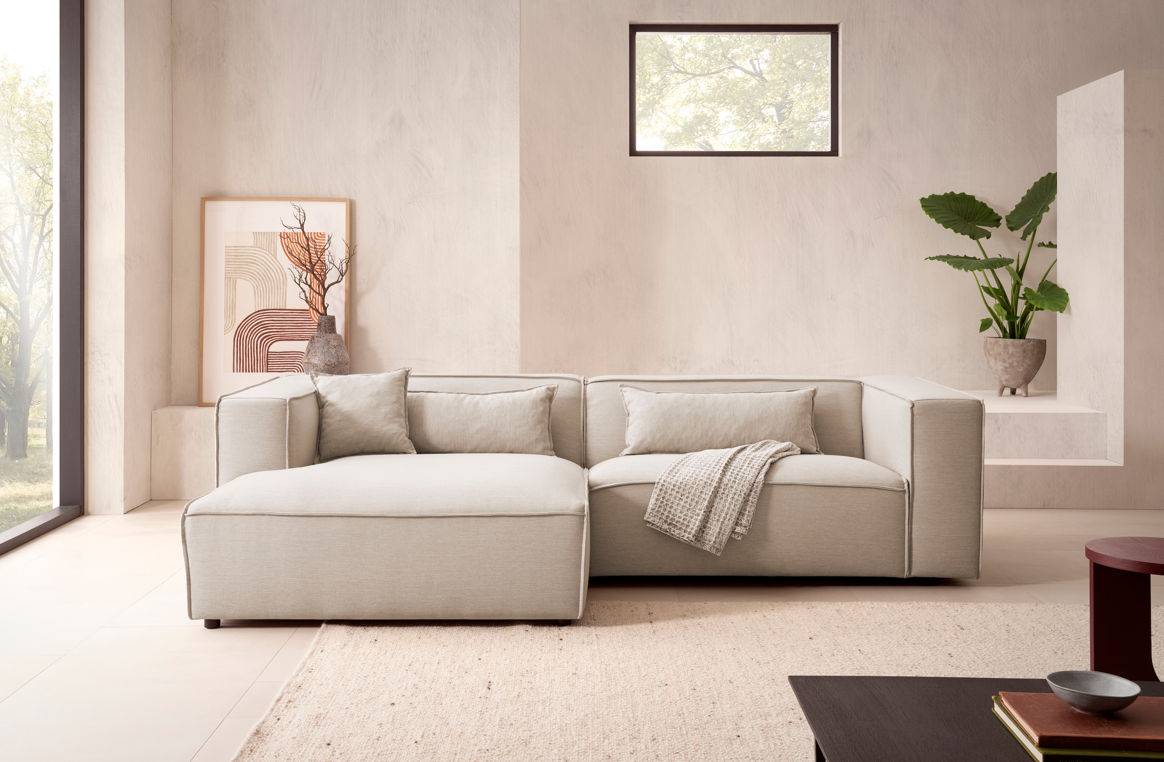 LeGer Home by Lena Gercke Ecksofa »PIARA mit Kedernaht in Cord oder Leinenoptik, moderne Couch in L-Form«, wahlweise Ottomane rechts/links, schwarze Füße, bequemer Sitzkomfort