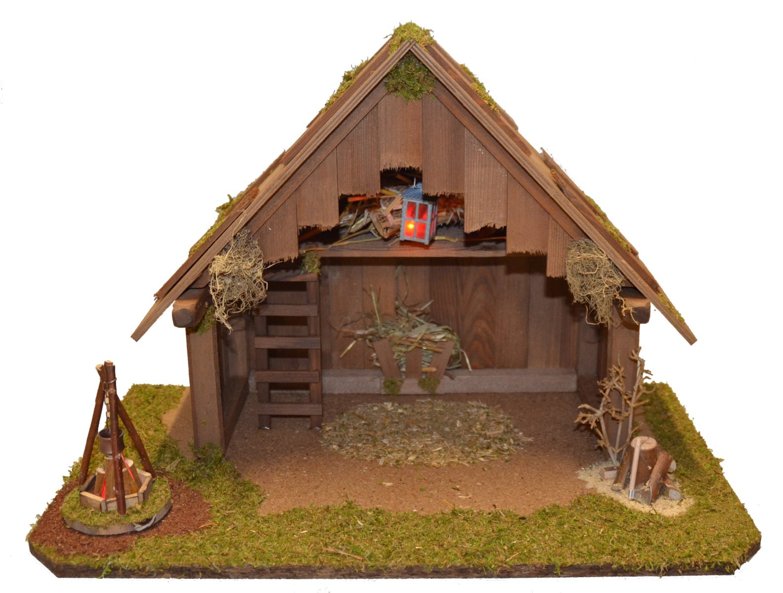 Alfred Kolbe Krippe »Krippenstall ohne Trafo«, (Set), mit Laterne, Lagerfeuer, Hackstock, 11 cm Figuren 11tlg.