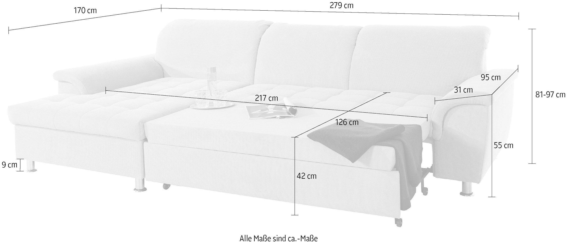 DOMO collection Ecksofa »Franzi L-Form«, wahlweise mit Kopfteilverstellung (dann Tiefe: 170 cm)