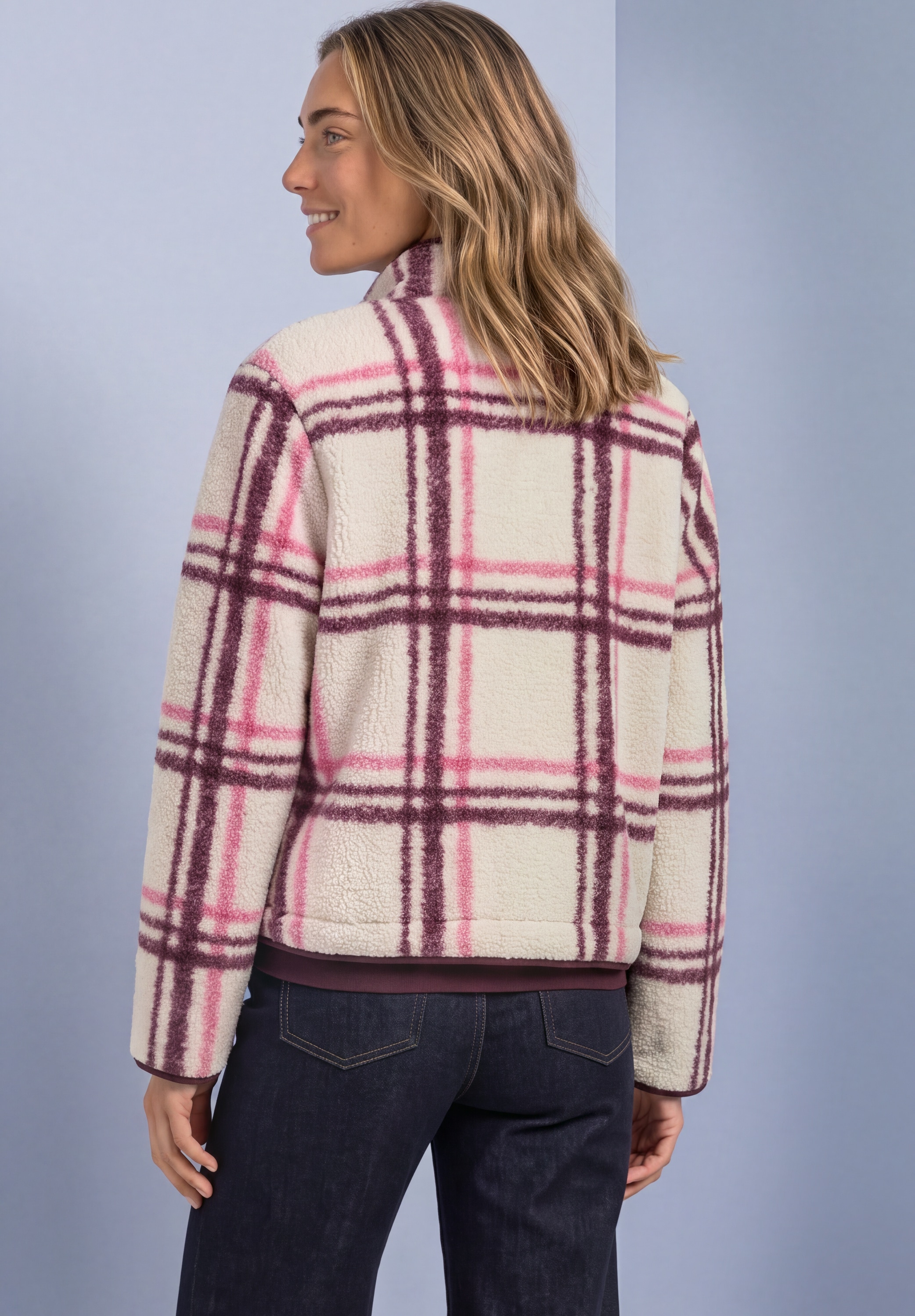 STREET ONE Oversize-Shirt Teddy-Jacke mit Rundhals und Karomuster
