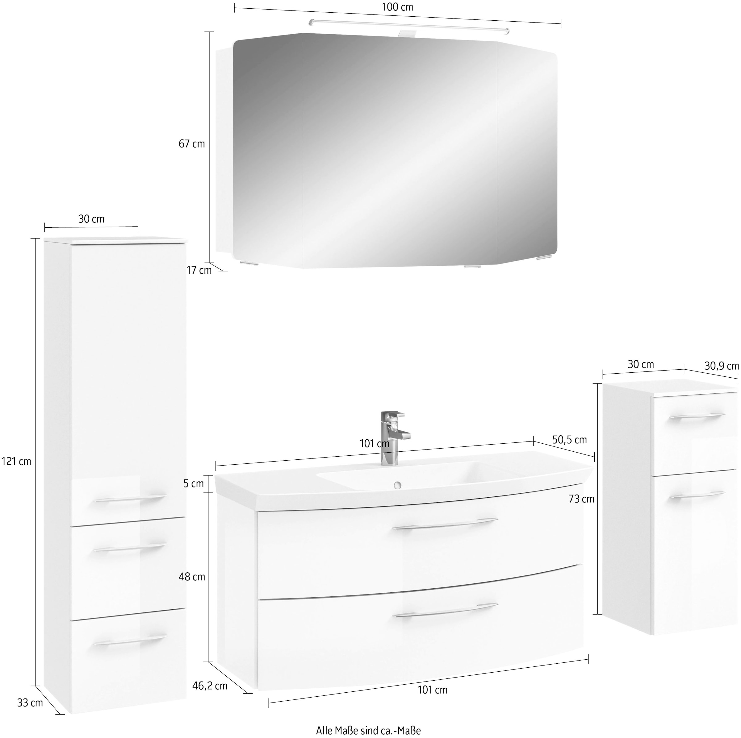 Saphir Badezimmer-Set »Cassca Sprint 4-teilig Mineralmarmor-Waschtisch mit LED-Spiegelschrank«, (5 St.), Midischrank, Unterschrank, inkl. Türdämpfer, 5 Türen, 5 Schubladen