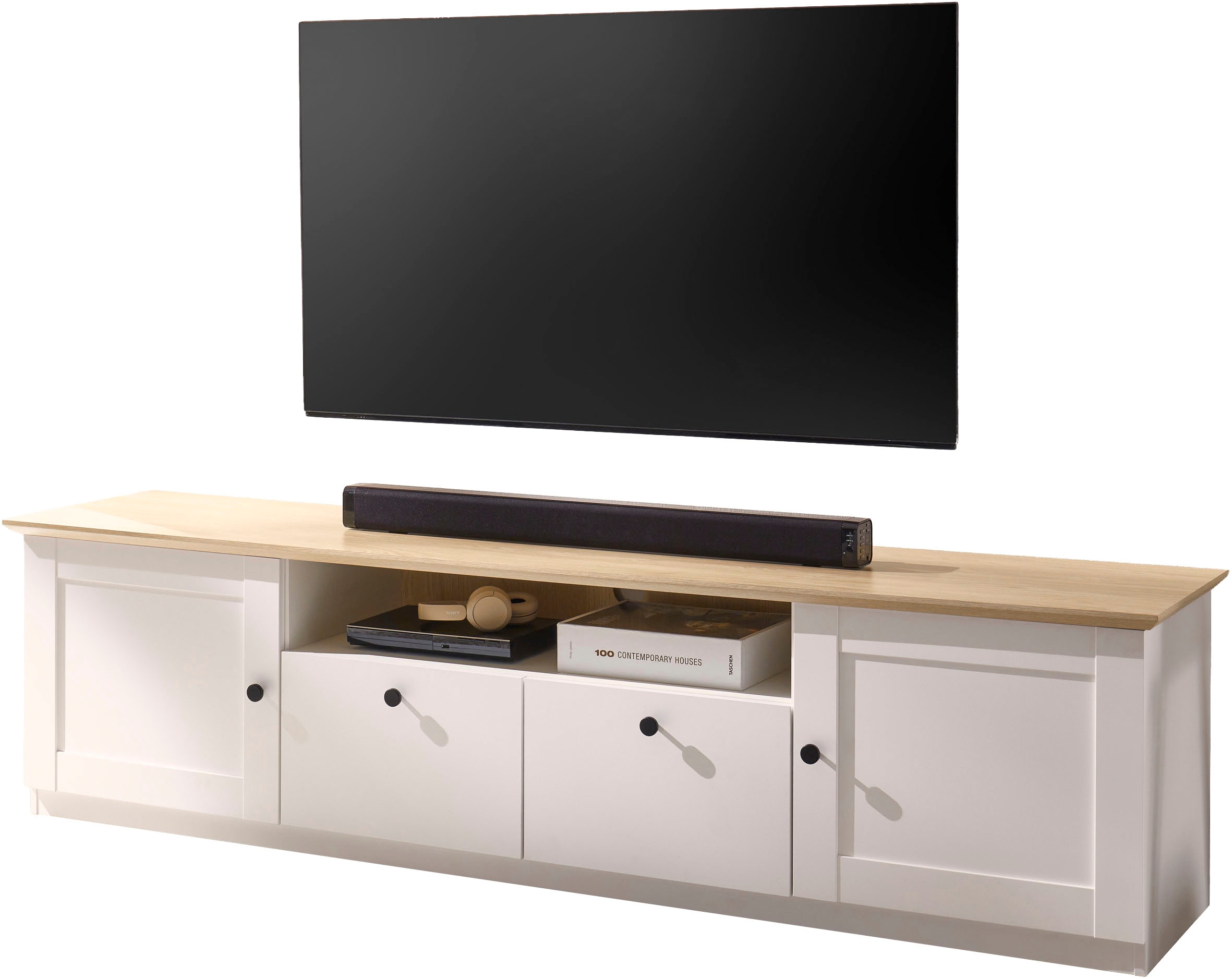 OTTO home Lowboard »Brest, TV-Unterschrank, Kommode, TV-Schrank im Landhausstil« schwarze Metallgriffe, ausreichend Stauraum, 204 cm breit