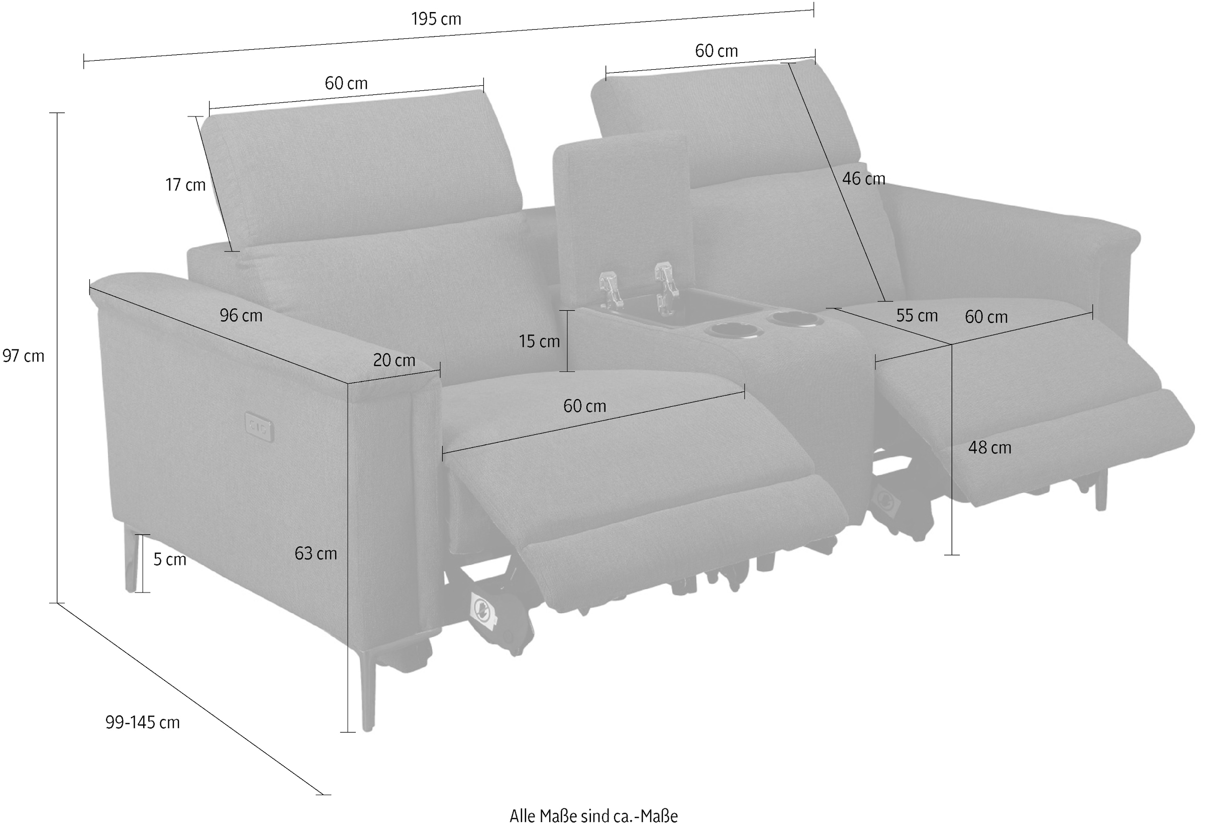 Places of Style 2-Sitzer »Lund, 2er-Kinosofa, TV-Sessel, Multimedia-Sofa,«, m. elektrischer o. manueller Relaxfunktion, Getränkehalter u. Staufach