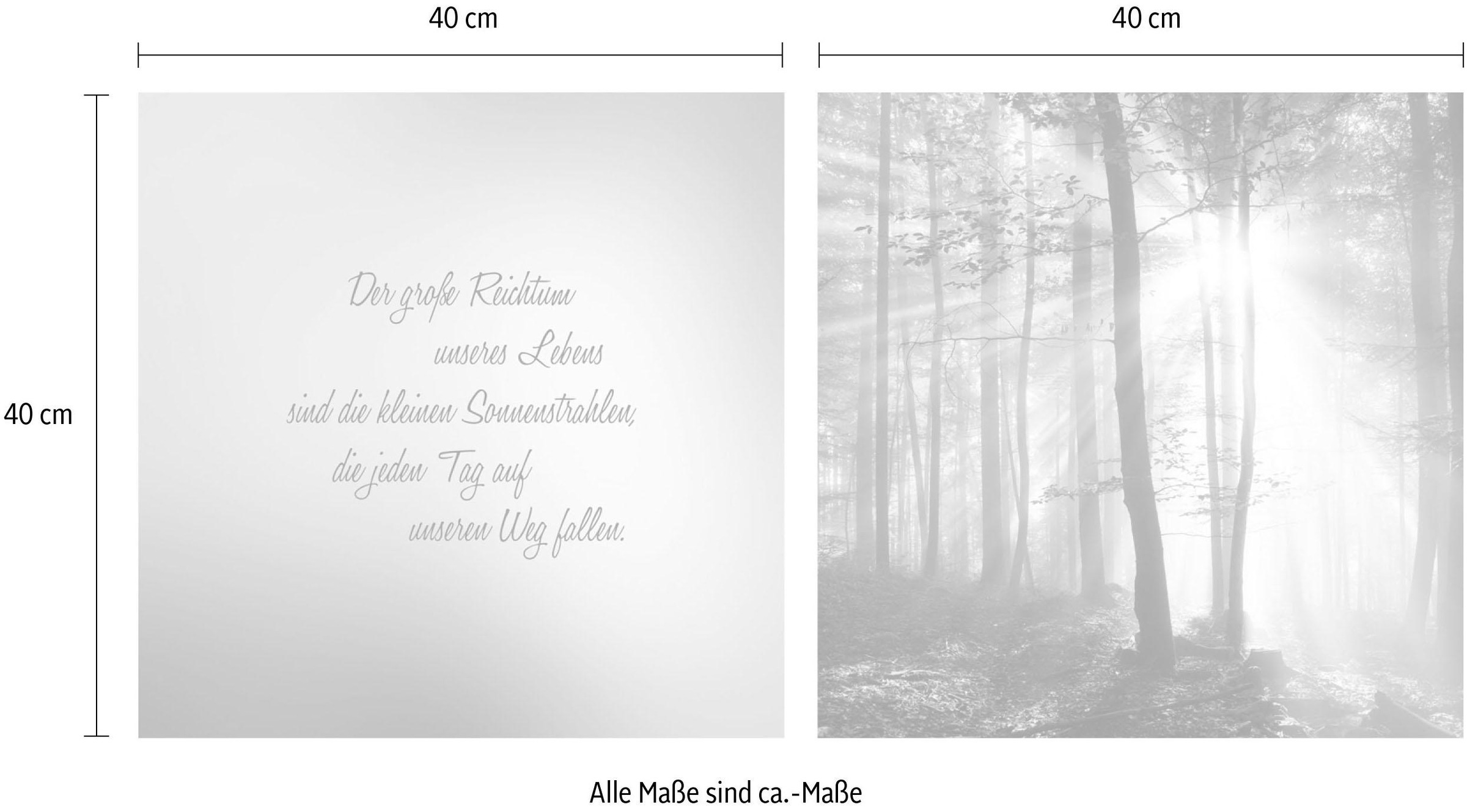 queence Leinwandbild »Sonnenstrahlen«, Wald-Waldbilder-Sonnenaufgang-Himmel-Kunst-Modern-Spa-Spa Bilder-Sprüche-Sprüche & Texte-Schriftzug-Schriftzüge, (Set), Premium-Leinwandstoff, Handarbeit aus Deutschland, Spruch, 2er Set