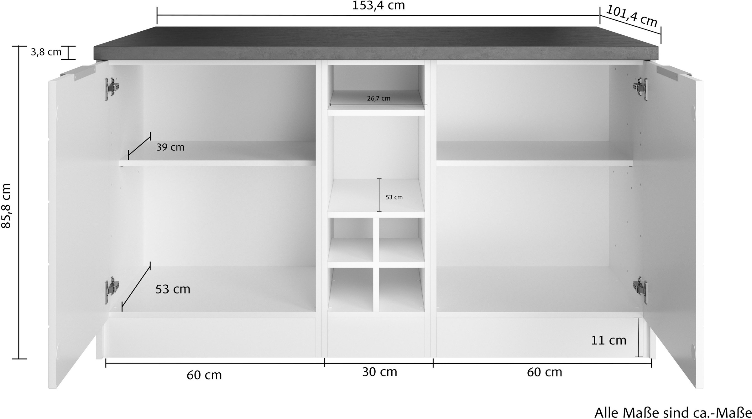 KOCHSTATION Kücheninsel »KS-Luhe, Breite 153 cm, mit Flaschenregal«, MDF-Fronten, Arbeitsplatte 38mm stark