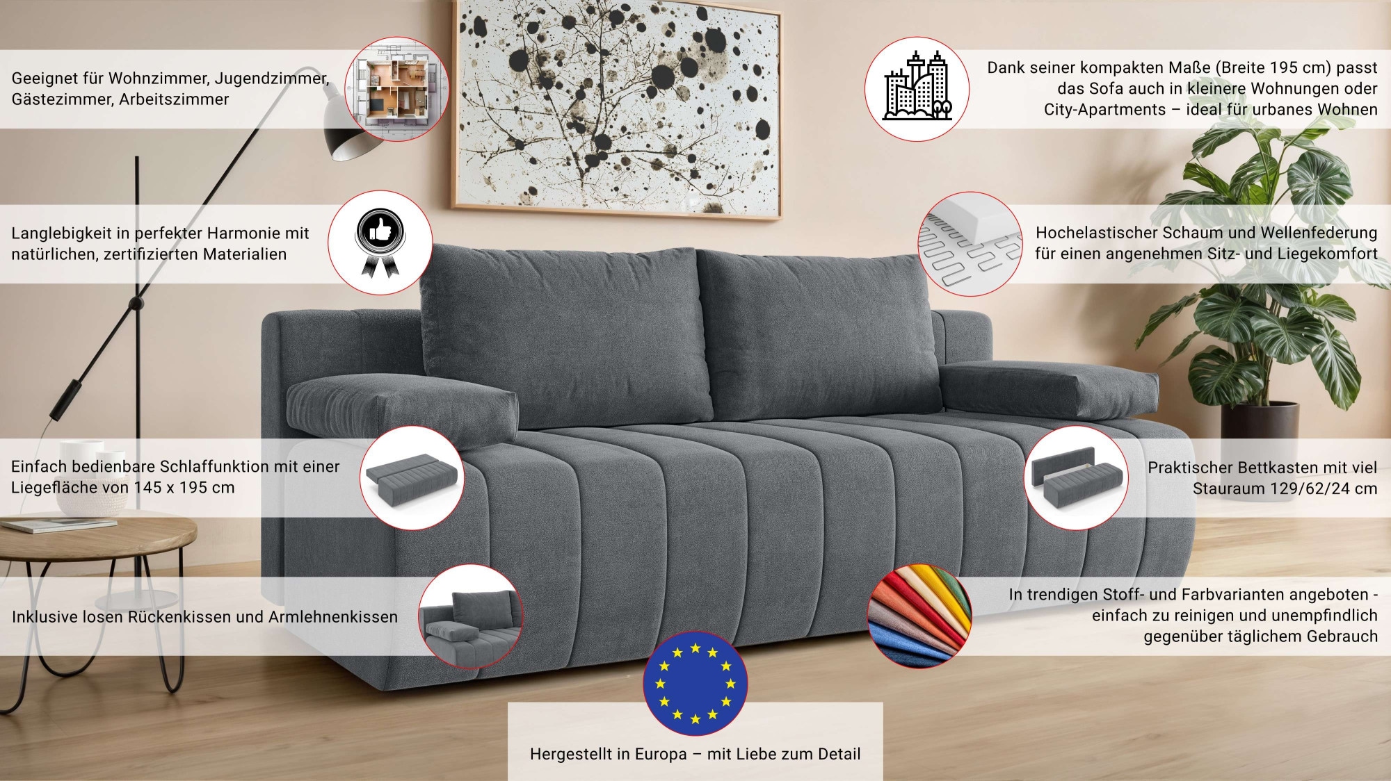 Home affaire 3-Sitzer »LOVENDY Schlafsofa mit Bettkasten, Breite 195cm, Liegefläche 145x195cm« mit Rückenkissen und Armlehnenkissen, belastbar bis 330 kg