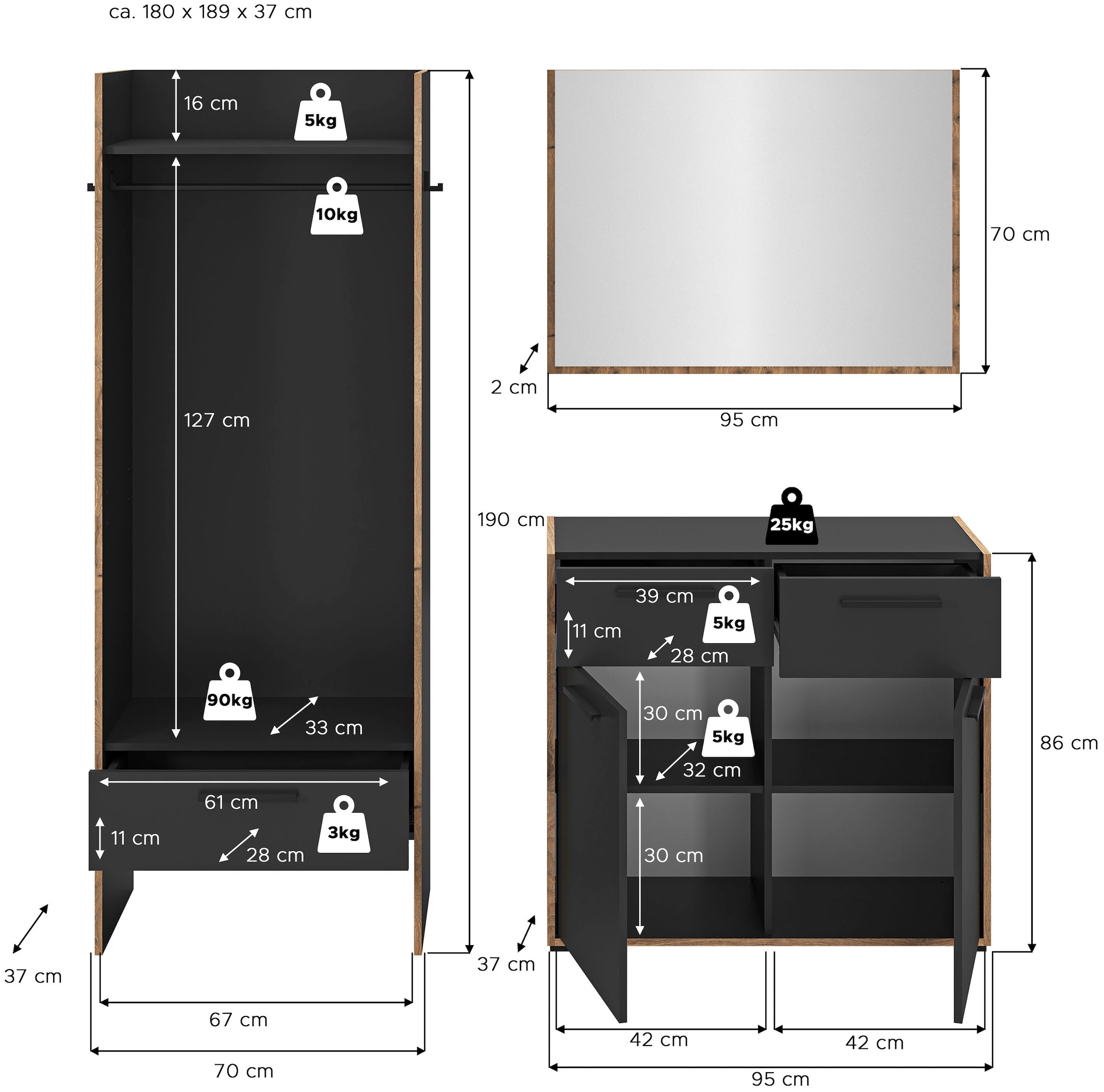 Home affaire Garderoben-Set »MUSTA, 3-teilig: Garderobenschrank, Kommode & Garderobenspiegel«