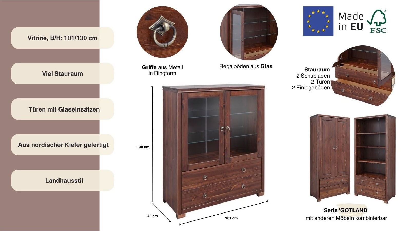 Home affaire Highboard »Gotland«, Vitrine, Breite 101 cm, Türen mit Glaseinsätzen, aus massiver Kiefer