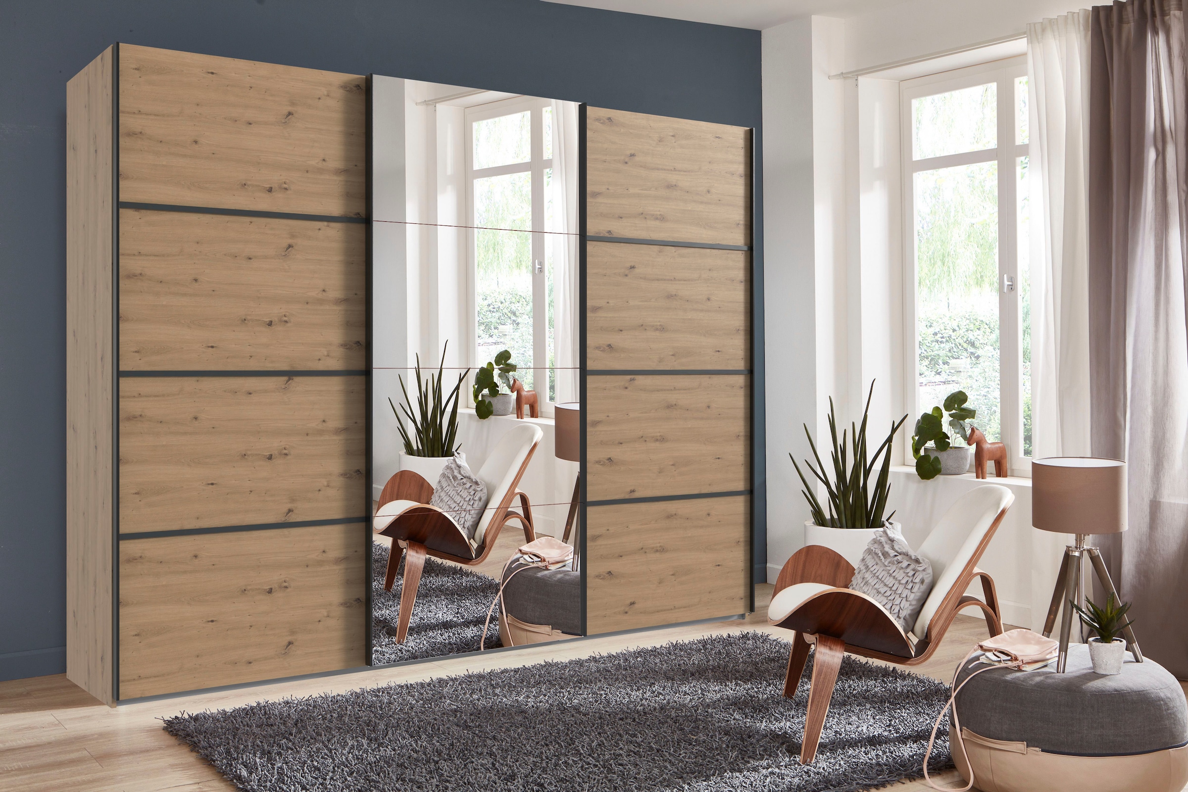 Wimex Schwebetürenschrank »Jork Kleiderschrank mit Spiegel, schwarze Metallgriffe«, Schrank in verschiedenen Größen und Innenausstattungsvarianten