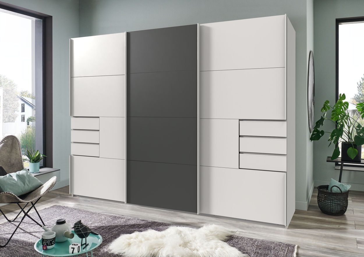 Wimex Schwebetürenschrank »Saigon, mit kompletter Innenausstattung, Made in Germany«, Kleiderschrank 3-türig, 270cm breit, mit 6 praktischen Außenschubladen