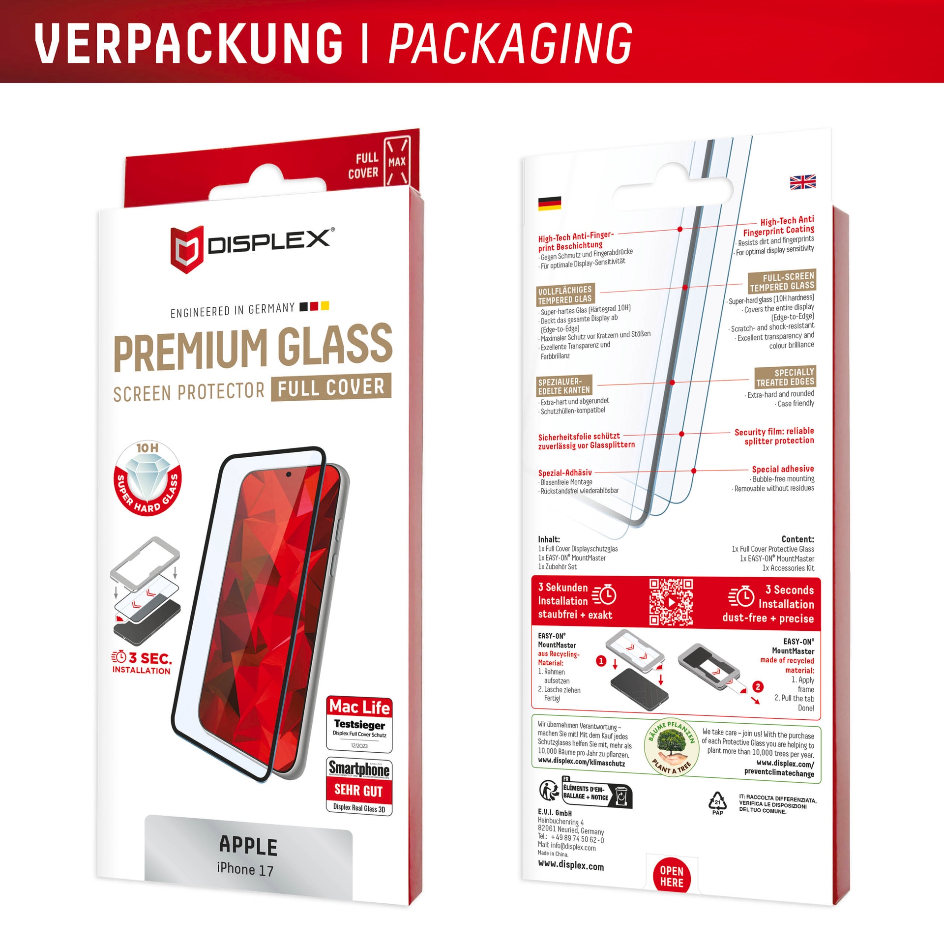 Displex Displayschutzglas »Premium Glass Screen Protector mit EASY-ON MountMaster« für Apple iPhone 17 Displayschutzfolie, Schutzfolie, Bildschirmschutz, kratz- & stoßfest