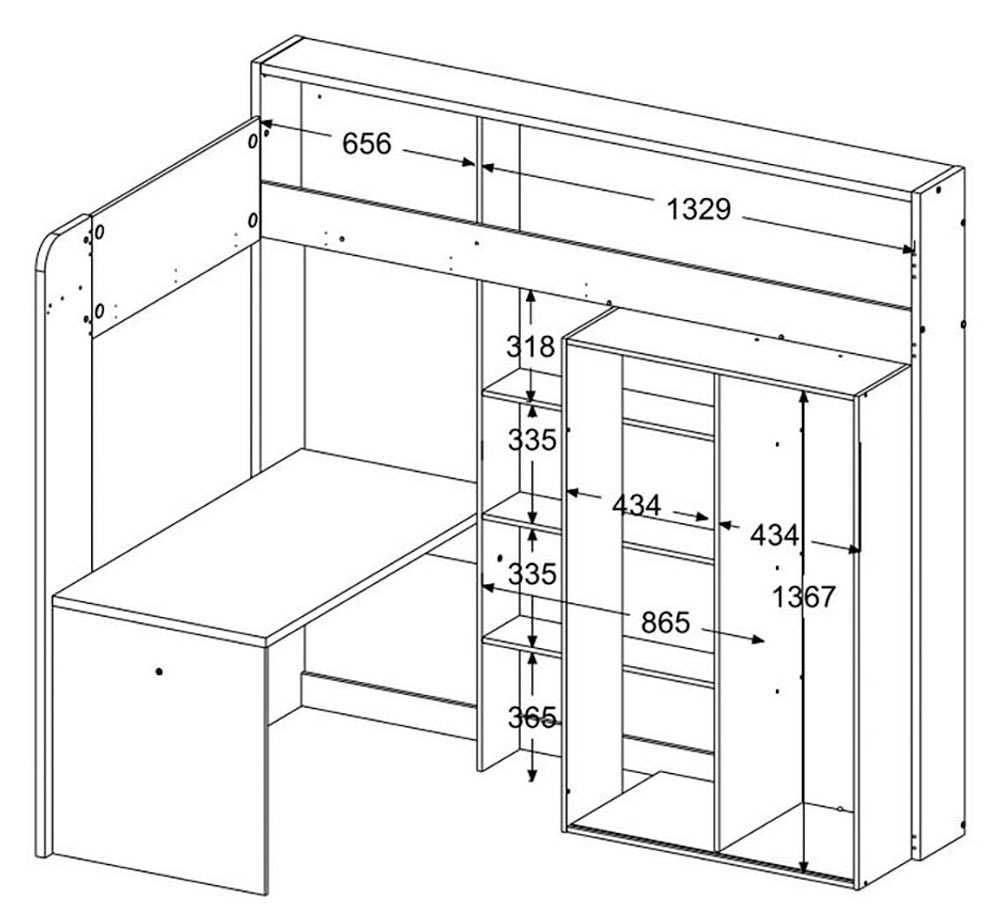 Parisot Hochbett »Higher, mit Schreibtisch, Schiebetürenschrank, Regale oben und unten« Liegefläche 90x200cm,Maße (B/H/T: 206/189/138 cm), Betthöhe ca. 140 cm,  maximaler Stauraum, breite Trittstufen, toll für kleine Räume!