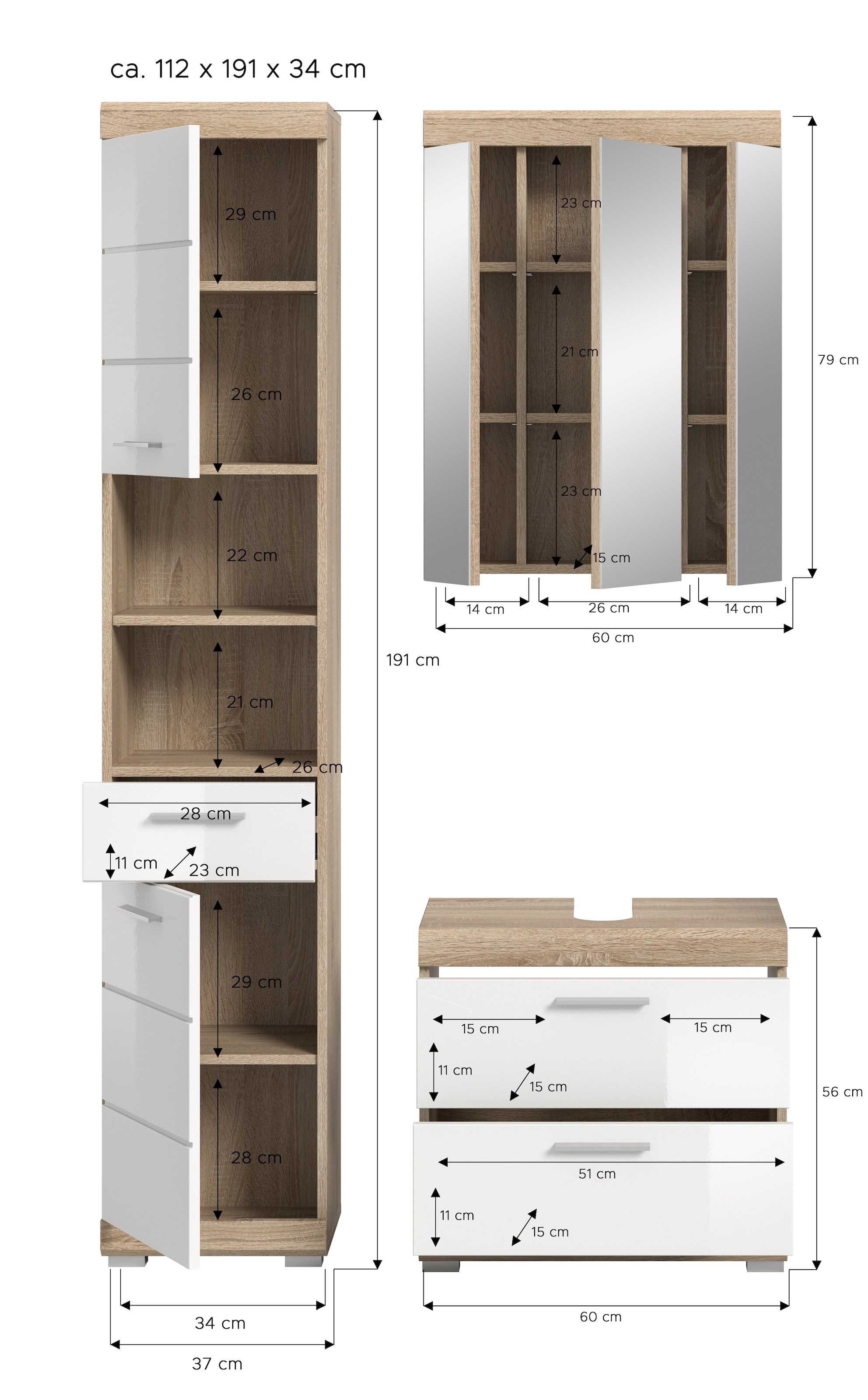 welltime Badmöbel-Set »Siena, 3 teilig, bestehend aus:« Set, TOPSELLER!, 3 Stk. tlg.