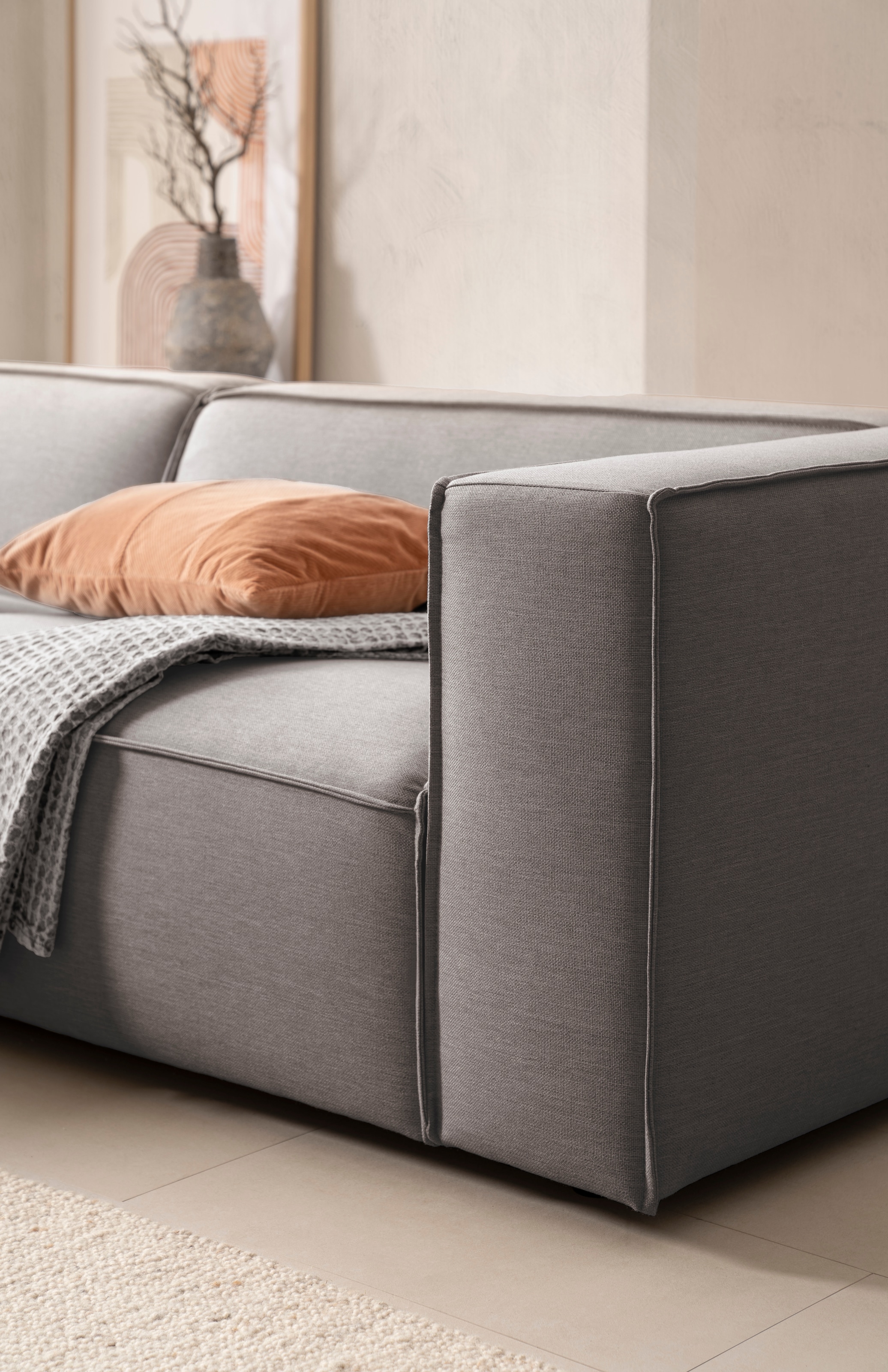 LeGer Home by Lena Gercke Ecksofa »PIARA mit Kedernaht, Cord, Leinenoptik o. Strukturstoff, Couch, L-Form«, wahlweise Ottomane rechts/links, schwarze Füße, bequemer Sitzkomfort