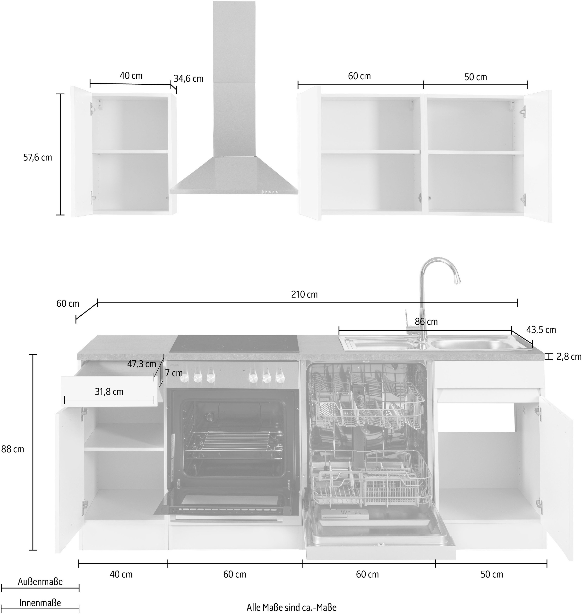 OPTIFIT Küchenzeile »Roth«, Breite 210 cm, wahlweise mit E-Geräten, Push-to-Open-Funktion