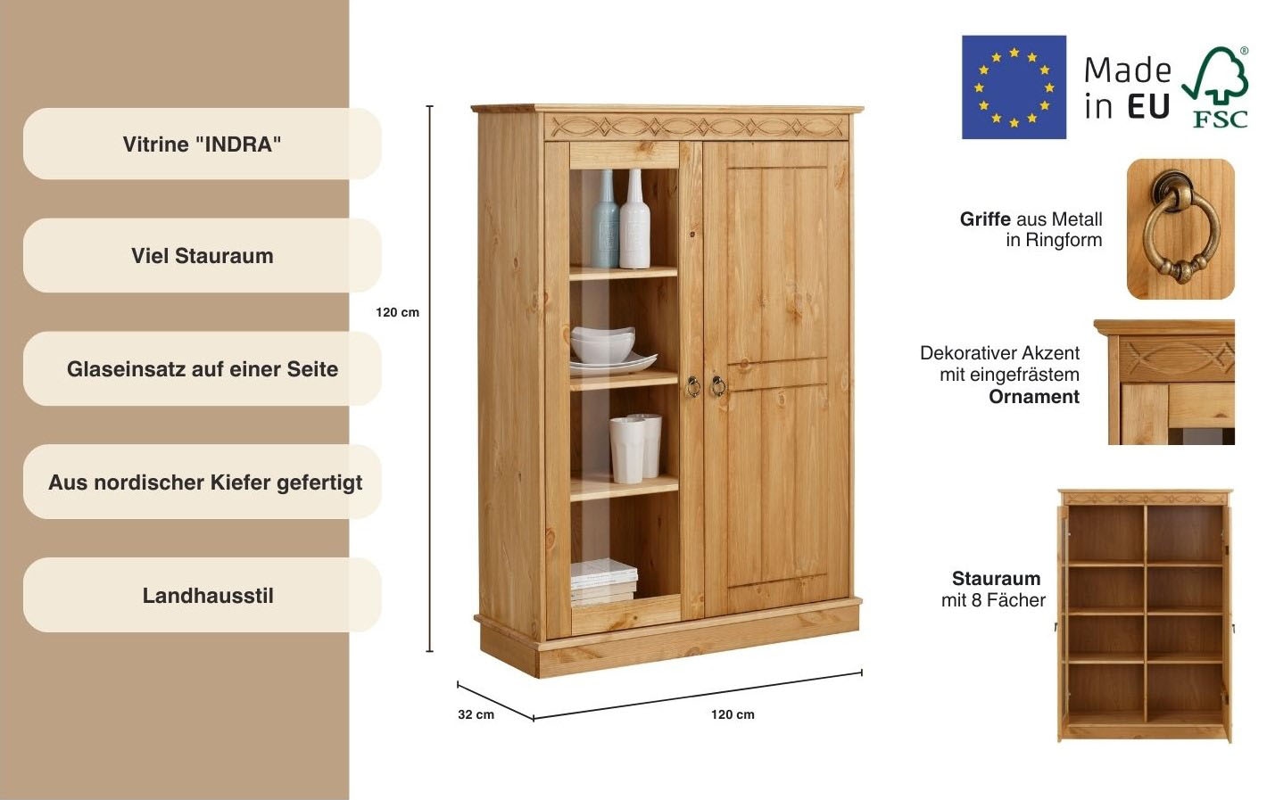 Home affaire Highboard »Indra«, Vitrine, Breite 86 cm