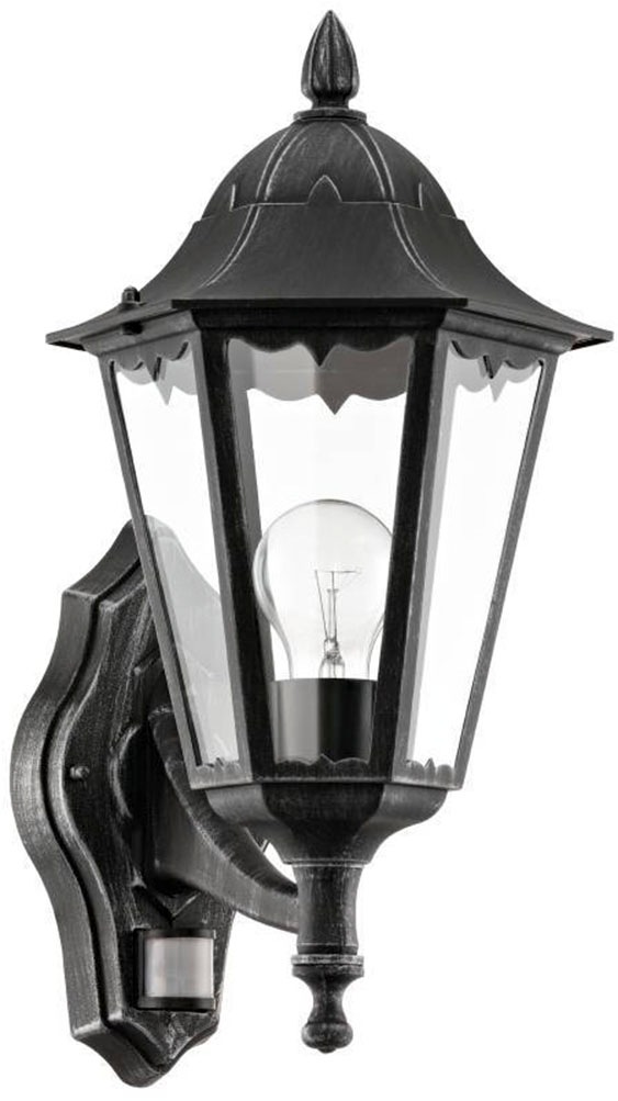 EGLO Außen-Wandleuchte »NAVEDO Wandlampe, Außenbeleuchtung, schwarz, silber-patina, klassisch« E27 1 Stk. Eckmontage möglich, Erfassungswinkel 110° / 7m, IP44, 42,5x28,5x20cm