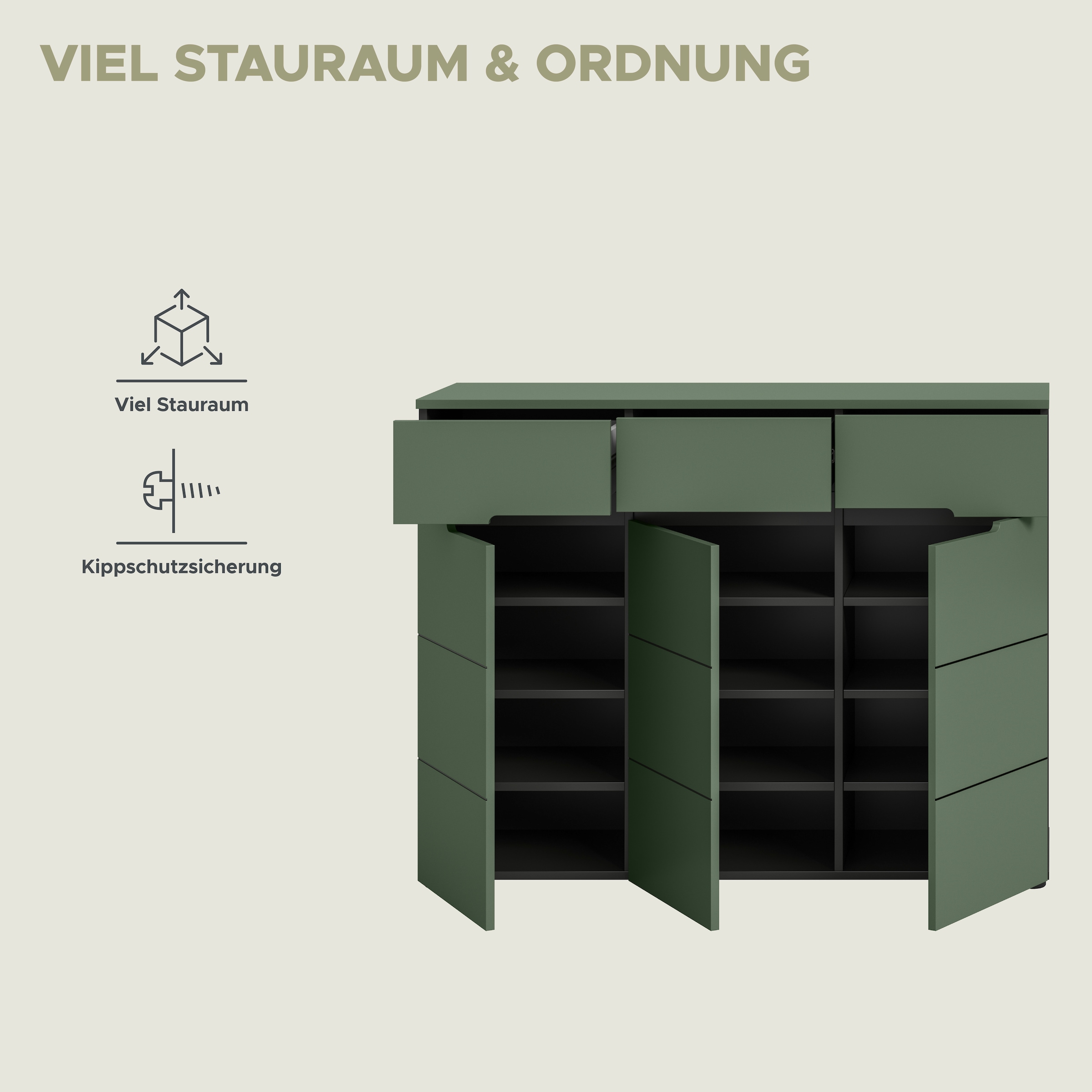 Home affaire Garderobenschrank »REHAT, TOPSELLER!, Breite 120 cm, 3 Türen, 3 Schubkästen, 12 Fächer« in verschiedenen Farben erhältlich, Platz für ca. 24 Paar Schuhe, 1 Stk. tlg. Schuhschrank, Kommode, Schuhkommode, Anrichte, Sideboard