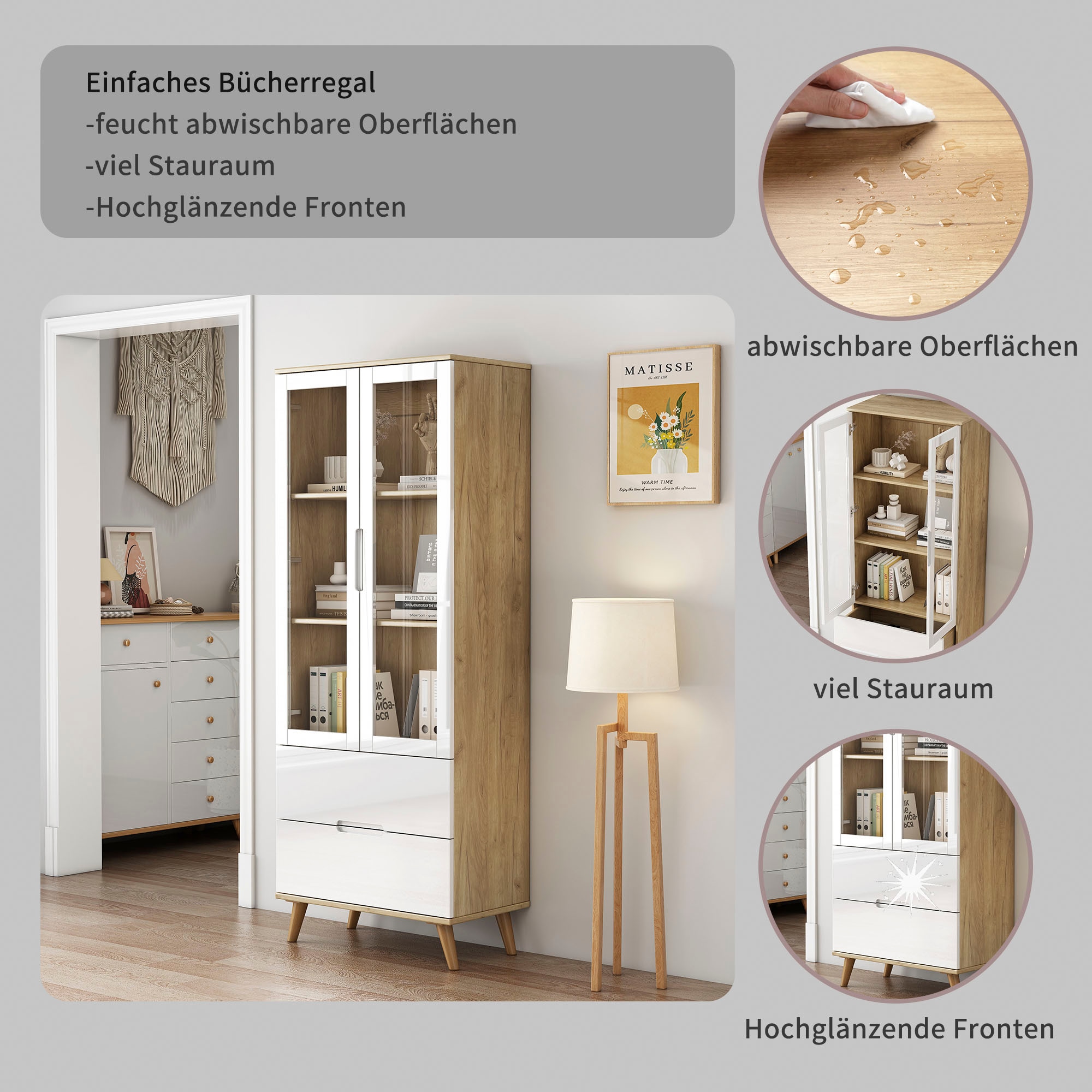 OTTO home Highboard »Lund« mit glänzenden Fronten, Glastüren, helles Holzdekor, Breite 70 cm