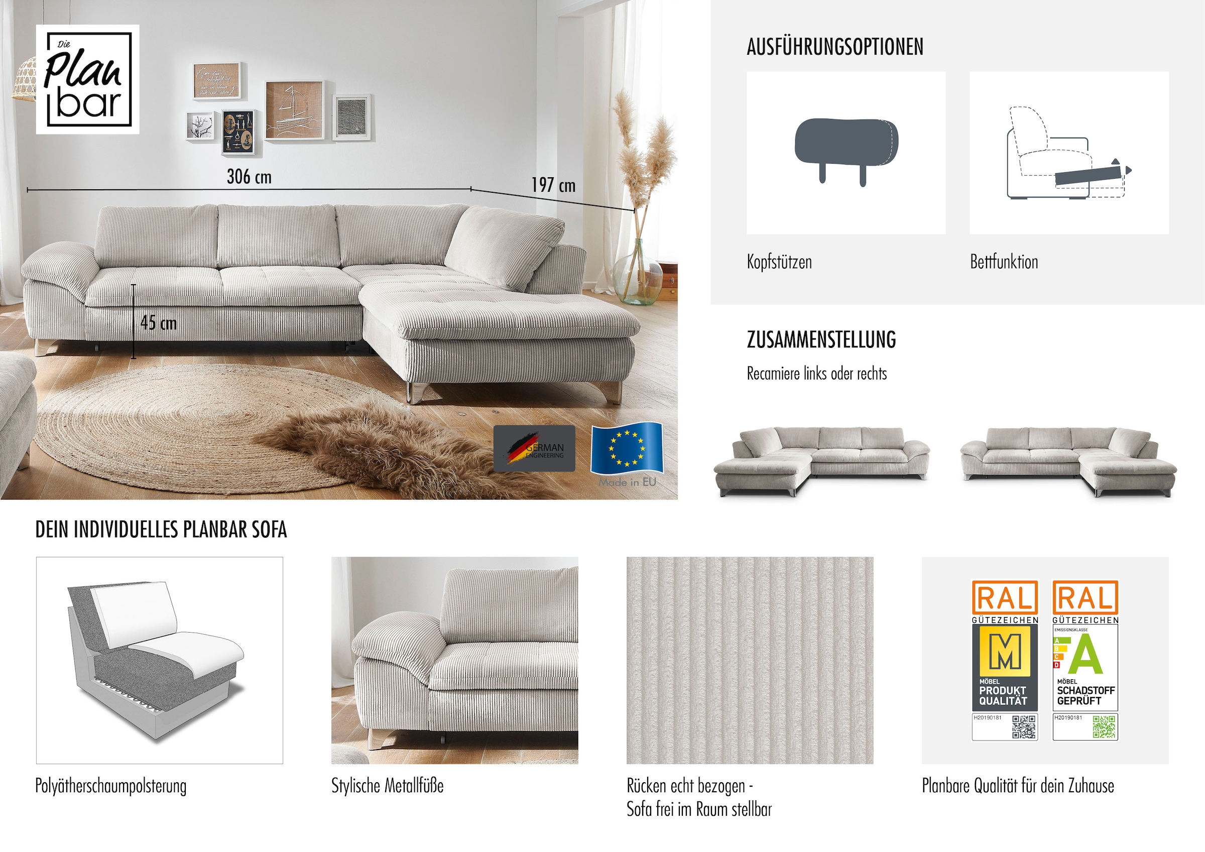 Die PlanBar Ecksofa »Ottomane MP-IN14007 L-Form, Breite 306 cm« wahlweise mit Schlaffunktion und verstellbaren Kopfstützen, in Cord