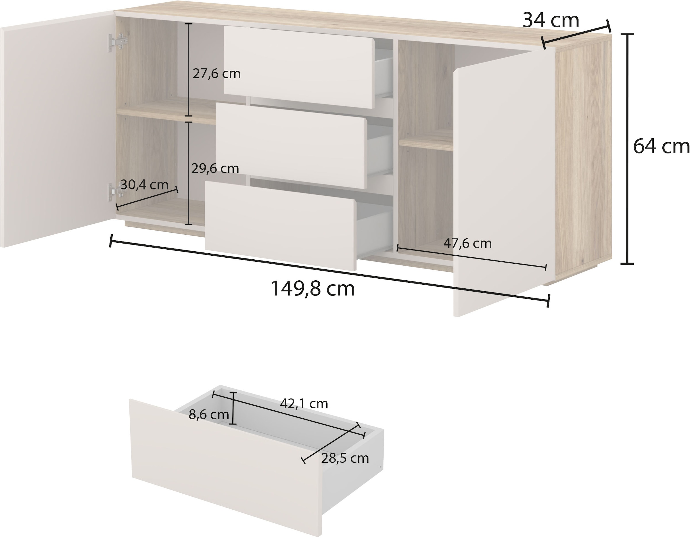 OTTO home Sideboard »Criss, Breite 150 cm, moderne grifflose Kommode 2Türen/3SK« Schubladenkommode mit viel Stauraum, Einlegeböden verstellbar