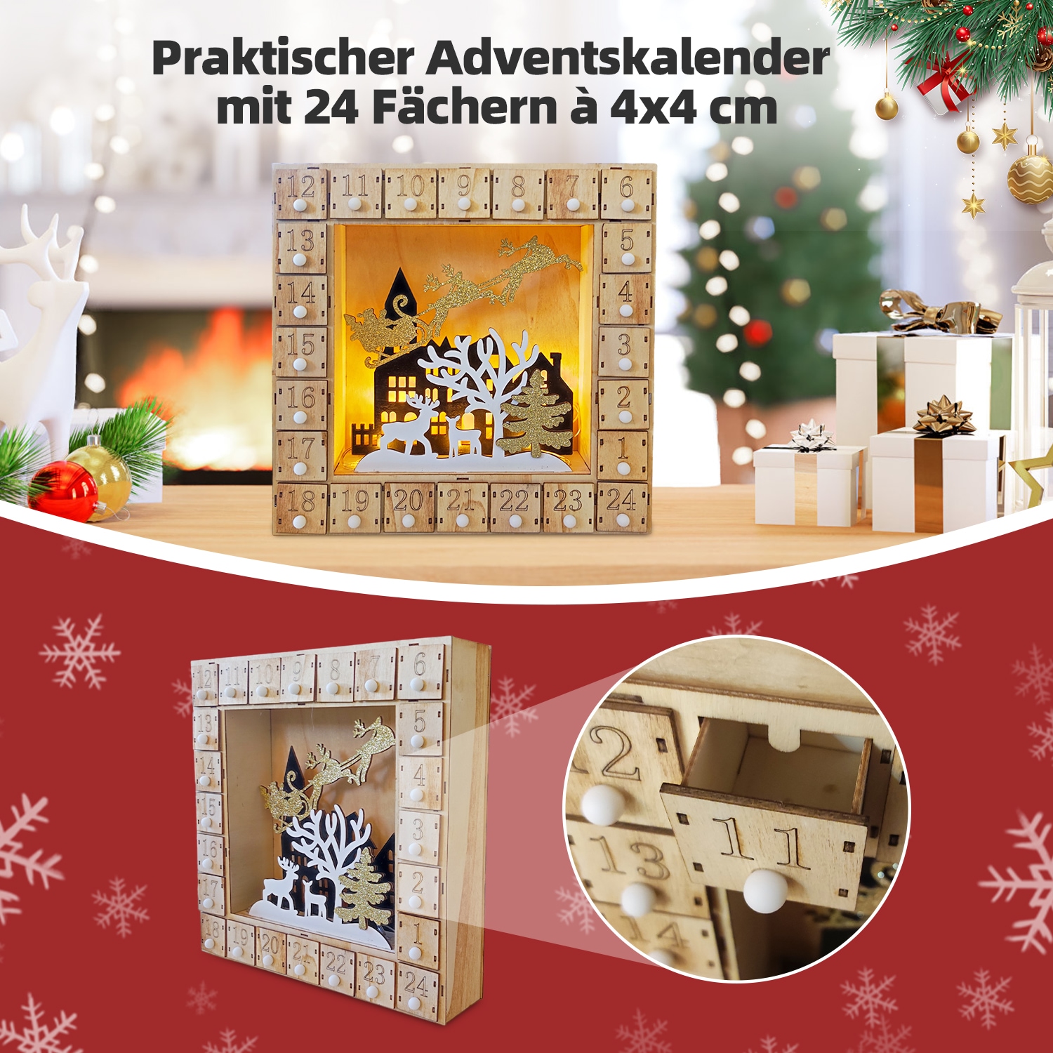 SHX Dekoobjekt »Adventkalender mit Motiv "Haus"«, LED-Licht, liebevoll gestaltetes Motiv, Kästchen mit 4x4 cm