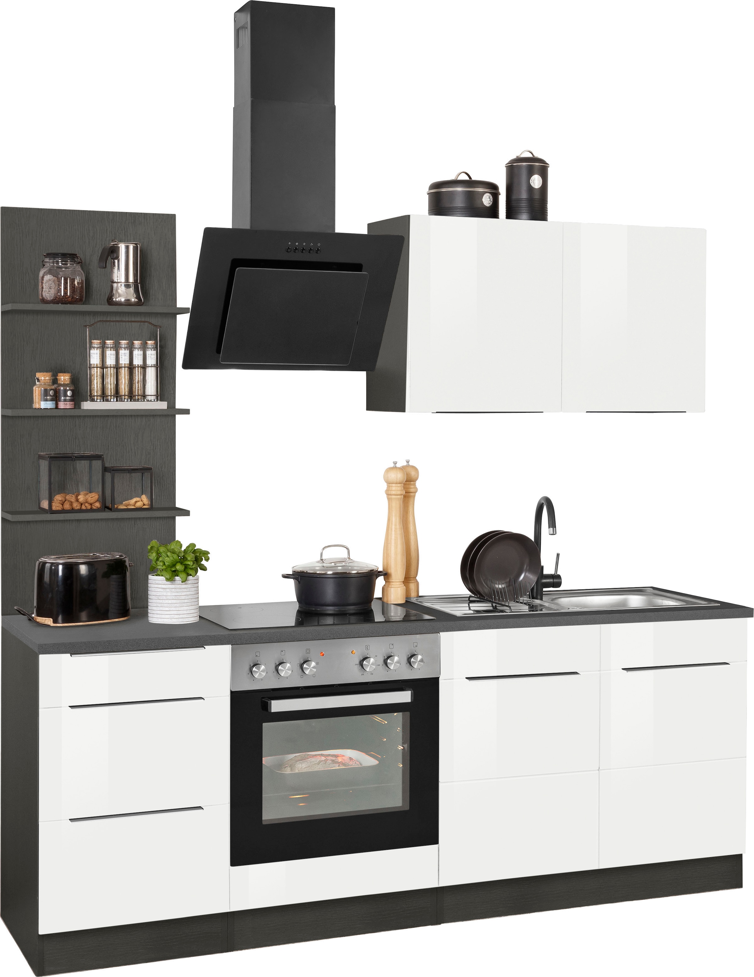 KOCHSTATION Küchenzeile »KS-Brindisi«, Breite 210 cm, wahlweise mit E-Geräten, mit MDF-Fronten und Regal