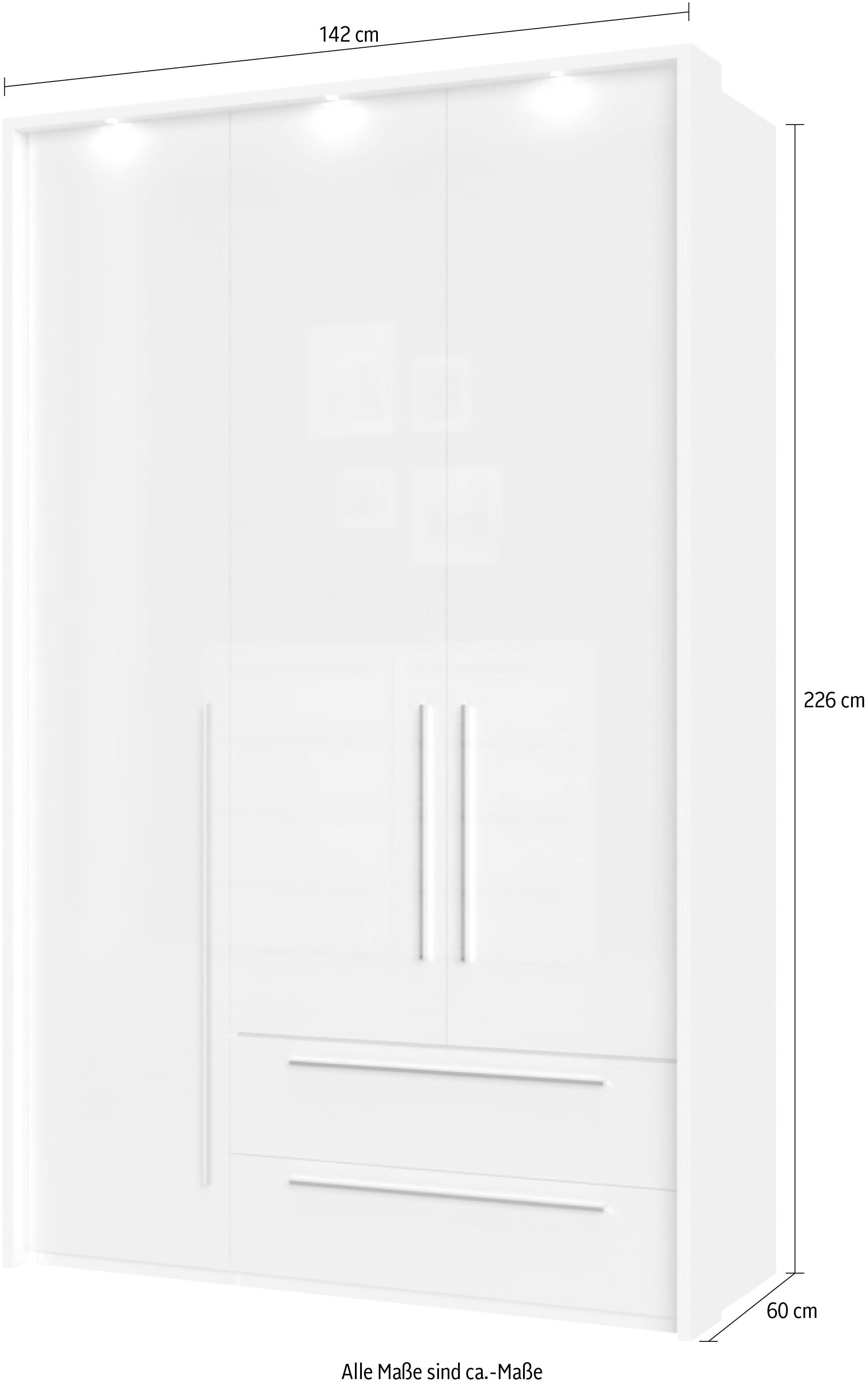 Places of Style Drehtürenschrank »Piano, inklusive Rahmen und Beleuchtung, soft-close-Funktion«, (viele Breiten zur Auswahl, 226cm hoch, mit jeweils 2 Schubladen), beige oder weiß, UV lackiert, Hochglanzfronten, FSC-zertifiziert