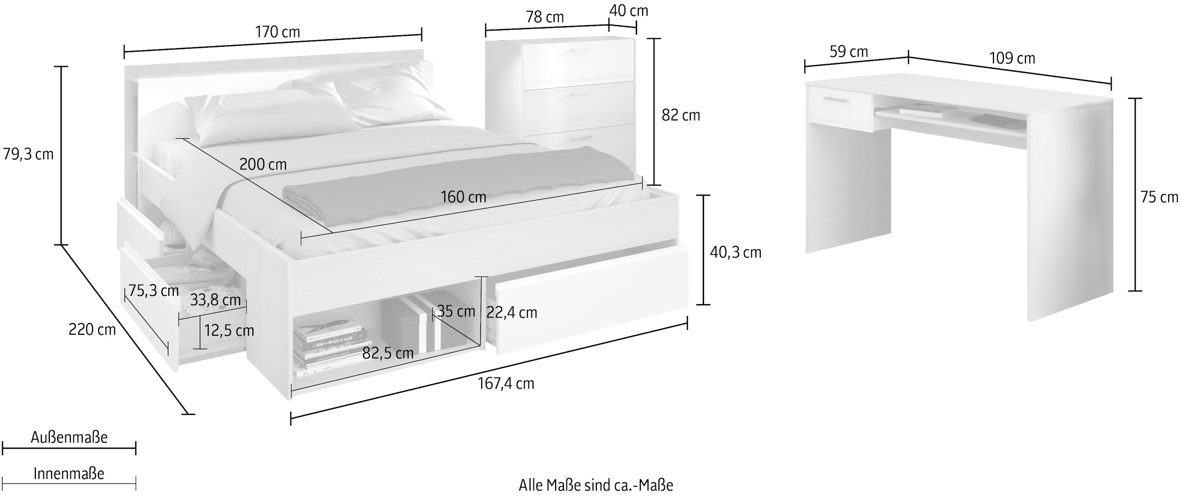 Parisot Jugendzimmer-Set »Most« Set, Bett mit Schubkästen, Schreibtisch und Schubkastenkommode, 3 Stk. tlg.