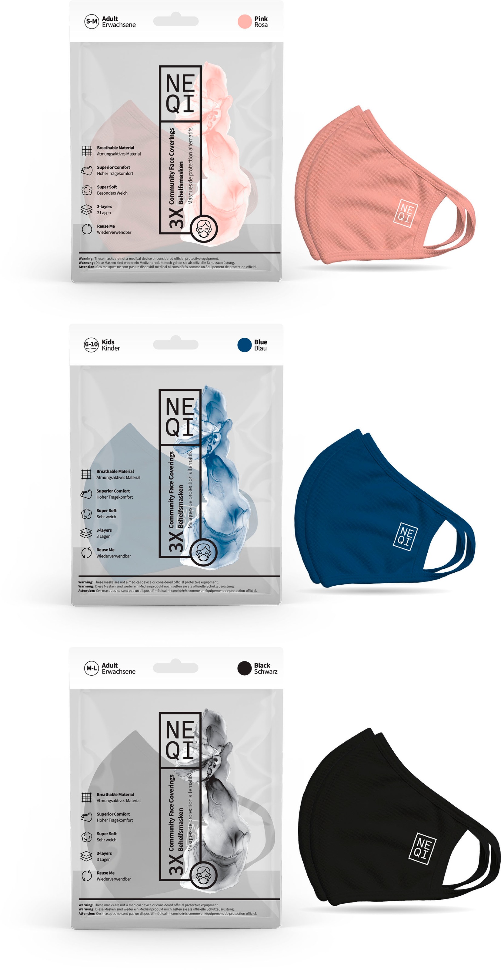NEQI Mund-Nasen-Masken (Packung 3-teilig) für die ganze Familie