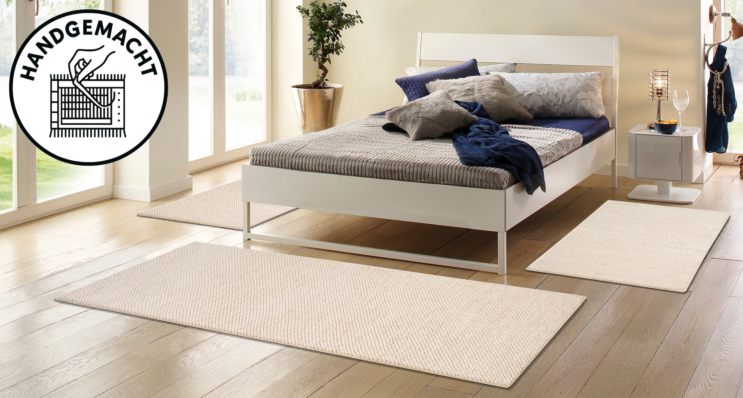 OTTO home Bettumrandung »Wolly, Handweb Teppiche« Höhe 14 mm 3 Stk. tlg. Bettvorleger, Wolle, handgewebt, Läufer-Set Wohnzimmer, Schlafzimmer