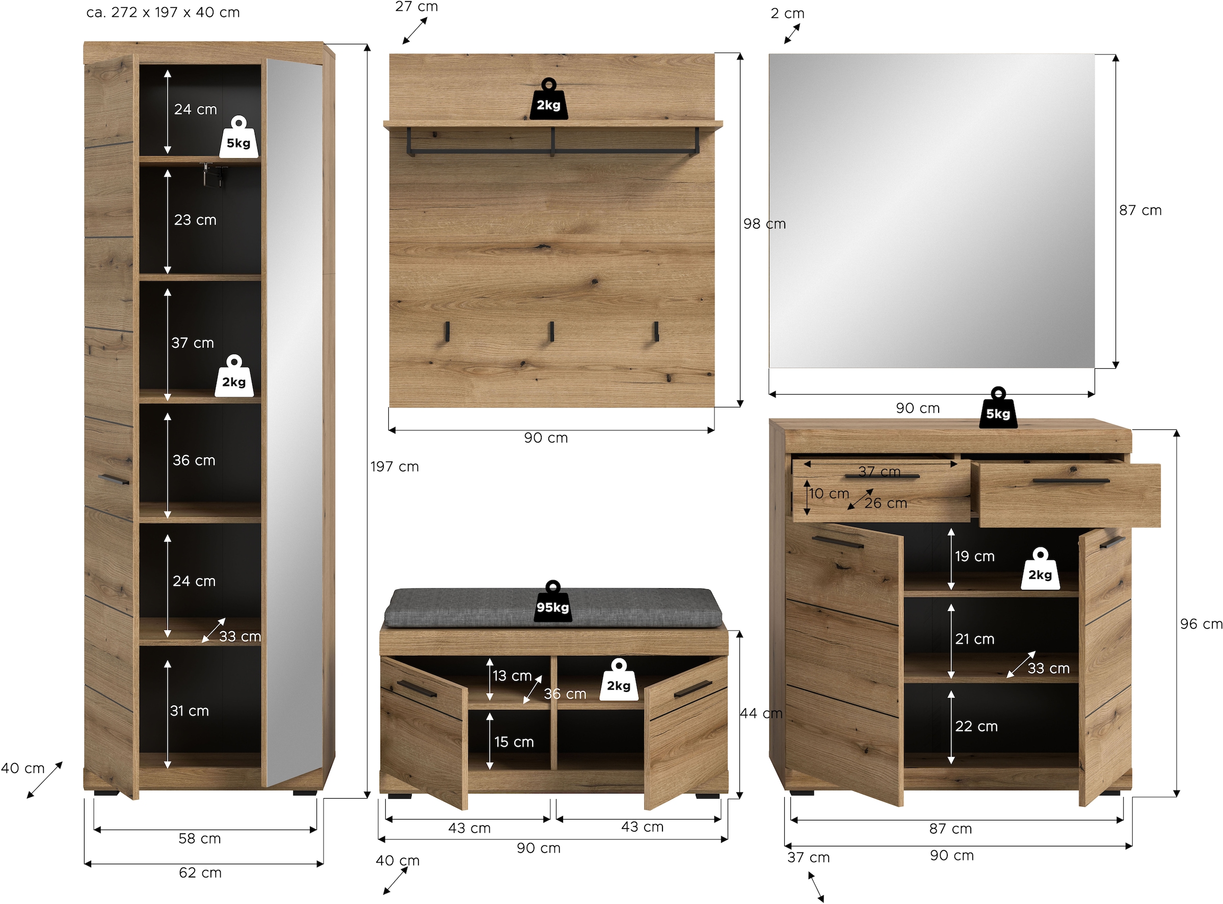 INOSIGN Garderoben-Set »SIENA, Breite 272 cm, 6-tlg., individuell stellbar, inkl. Sitzkissen« Komplett-Set, Garderobenschrank, Sitzbank, Sitzkissen, Paneel,Schuhschrank & Spiegel, 5 Stk. tlg.