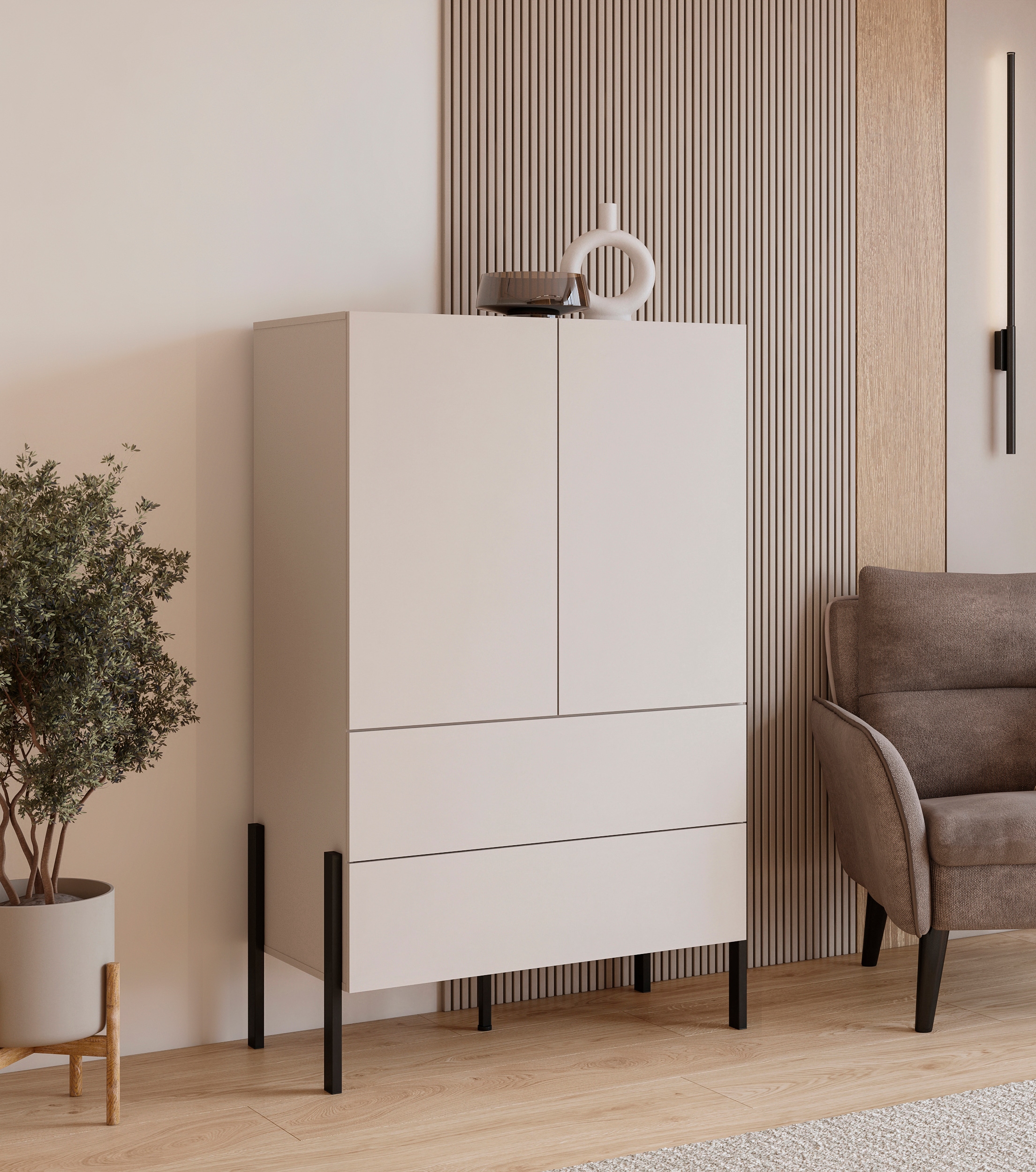 Home affaire Wäscheschrank »Jukon, moderner griffloser Kleiderschrank, Metallfüsse, Made in Europe«, (90x150x50, ideal für kleine Räume oder Nischen), Mehrzweckschrank,2 Schubladen, 2 Türen, FSC-zertifiziert