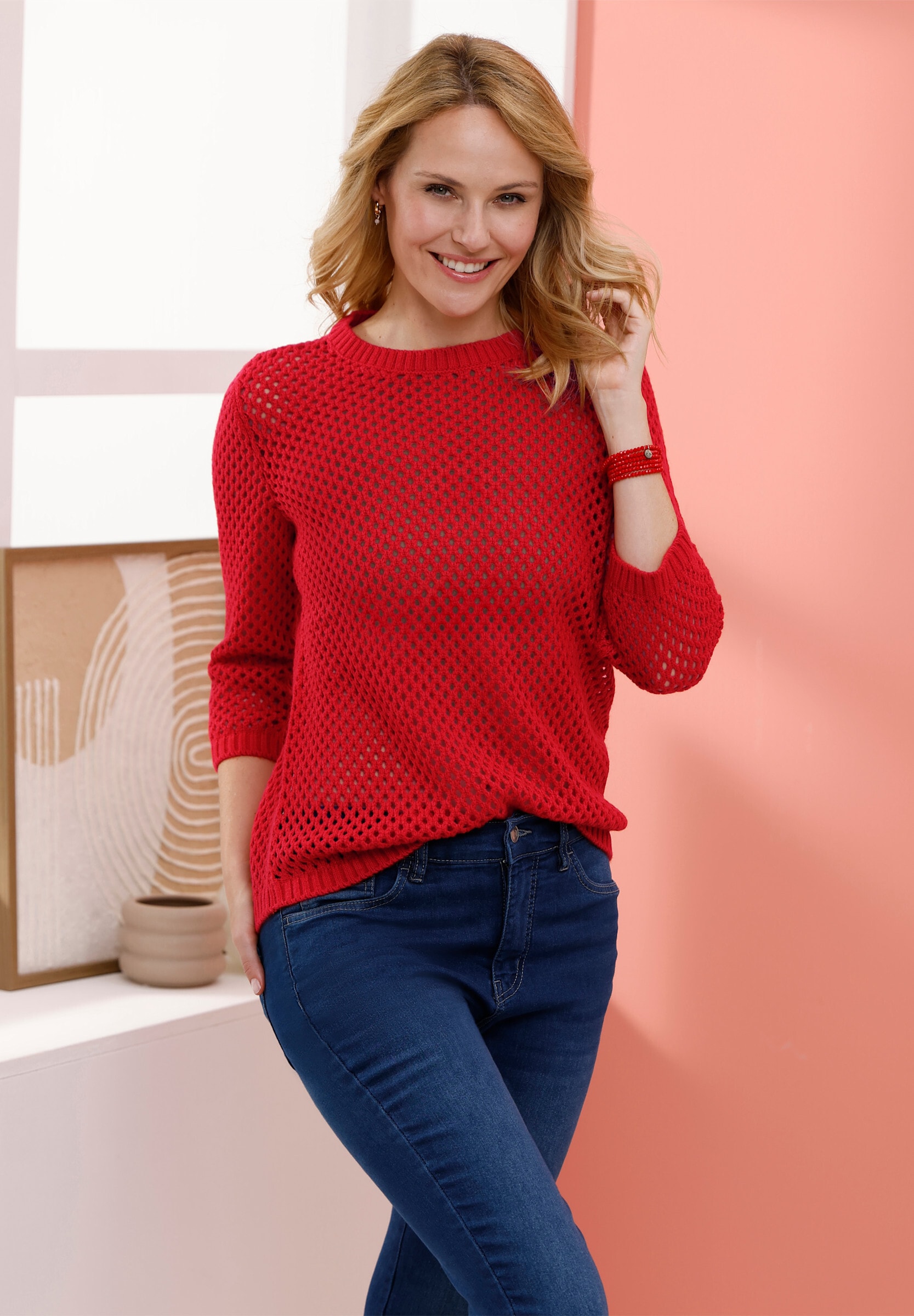 Sieh an! Longpullover »Ajour-Pullover Ajourpullover mit gerippten Bündchen«