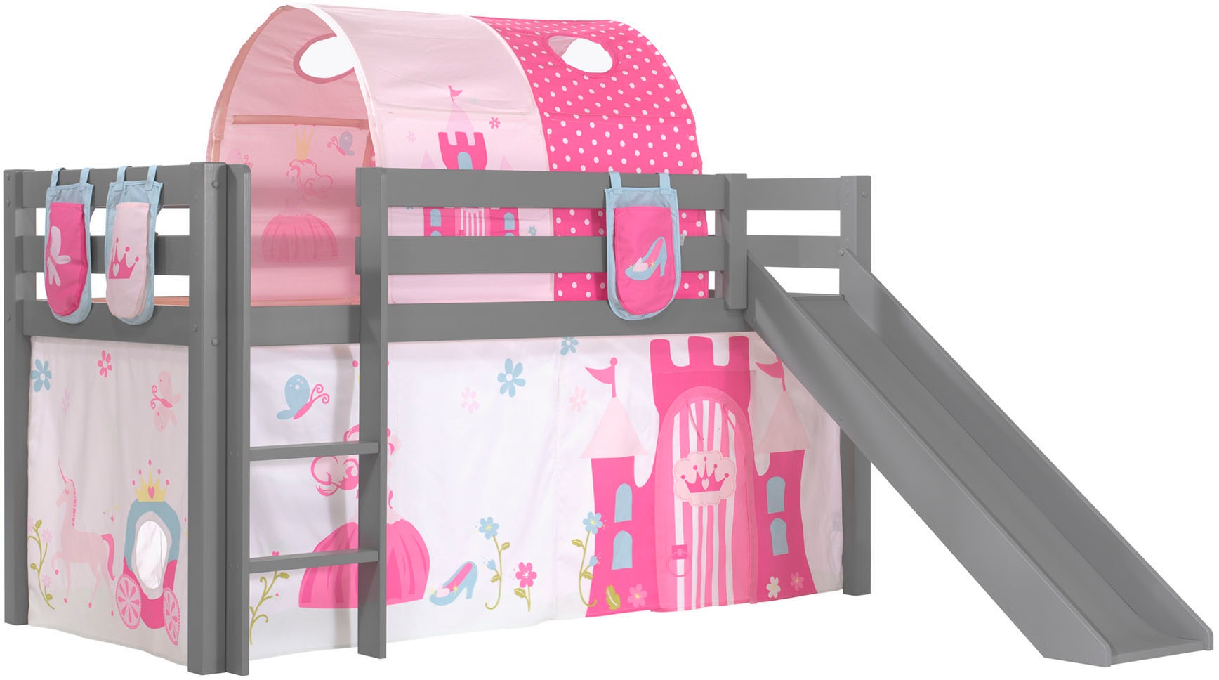 Vipack Hochbett »Pino«, (Made in Europe), Massivholz, inklusive Textil-Set, wahlweise mit Rutsche und Betttunnel