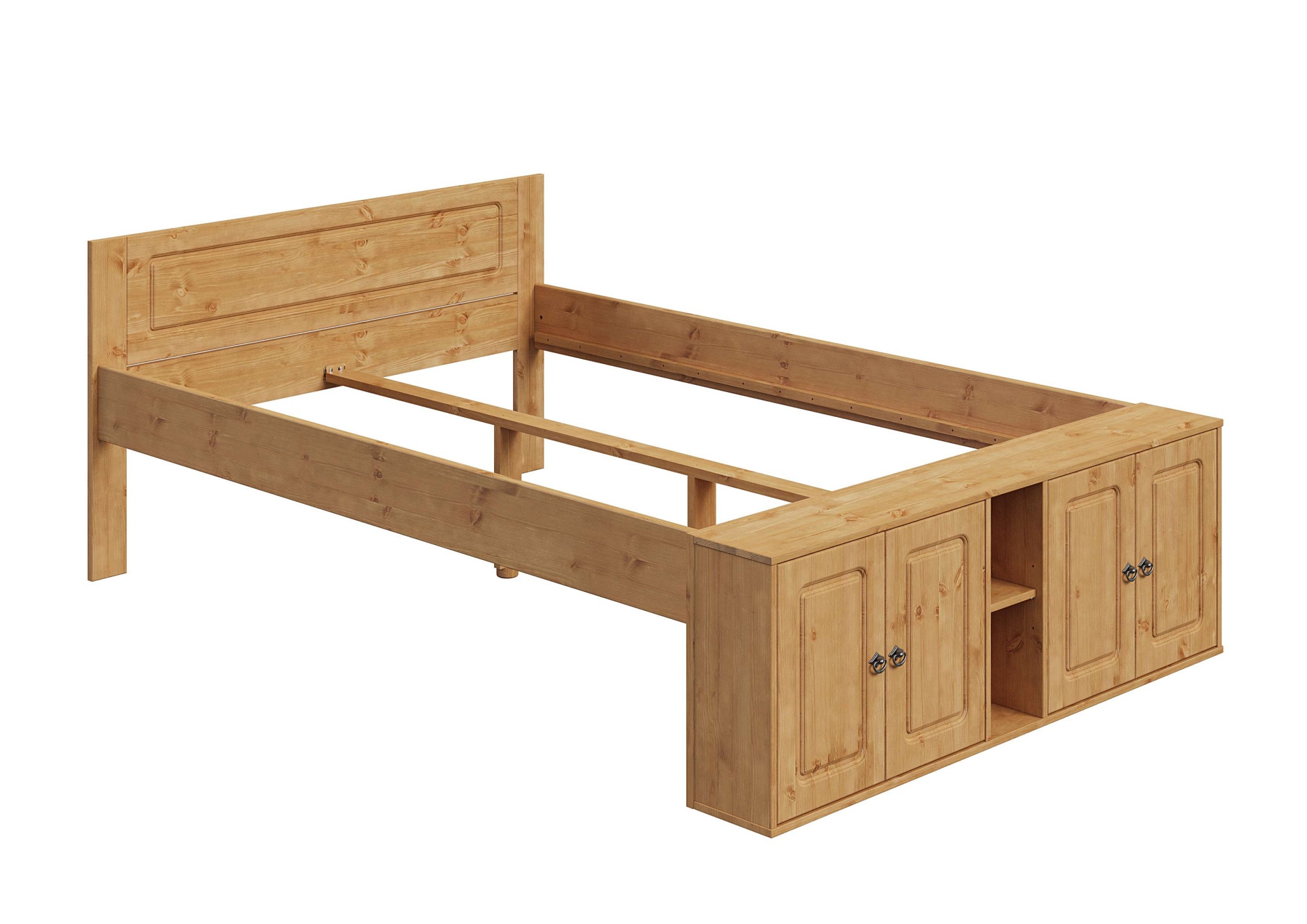 OTTO home Massivholzbett »Paula, mit Türen und Ablage, Schublade optional, Landhausstil« (B/T/H: 148,8/224,4/82 cm,  Massive Kiefer, extra viel Stauraum im Fußteil, FSC®-zertifiziert