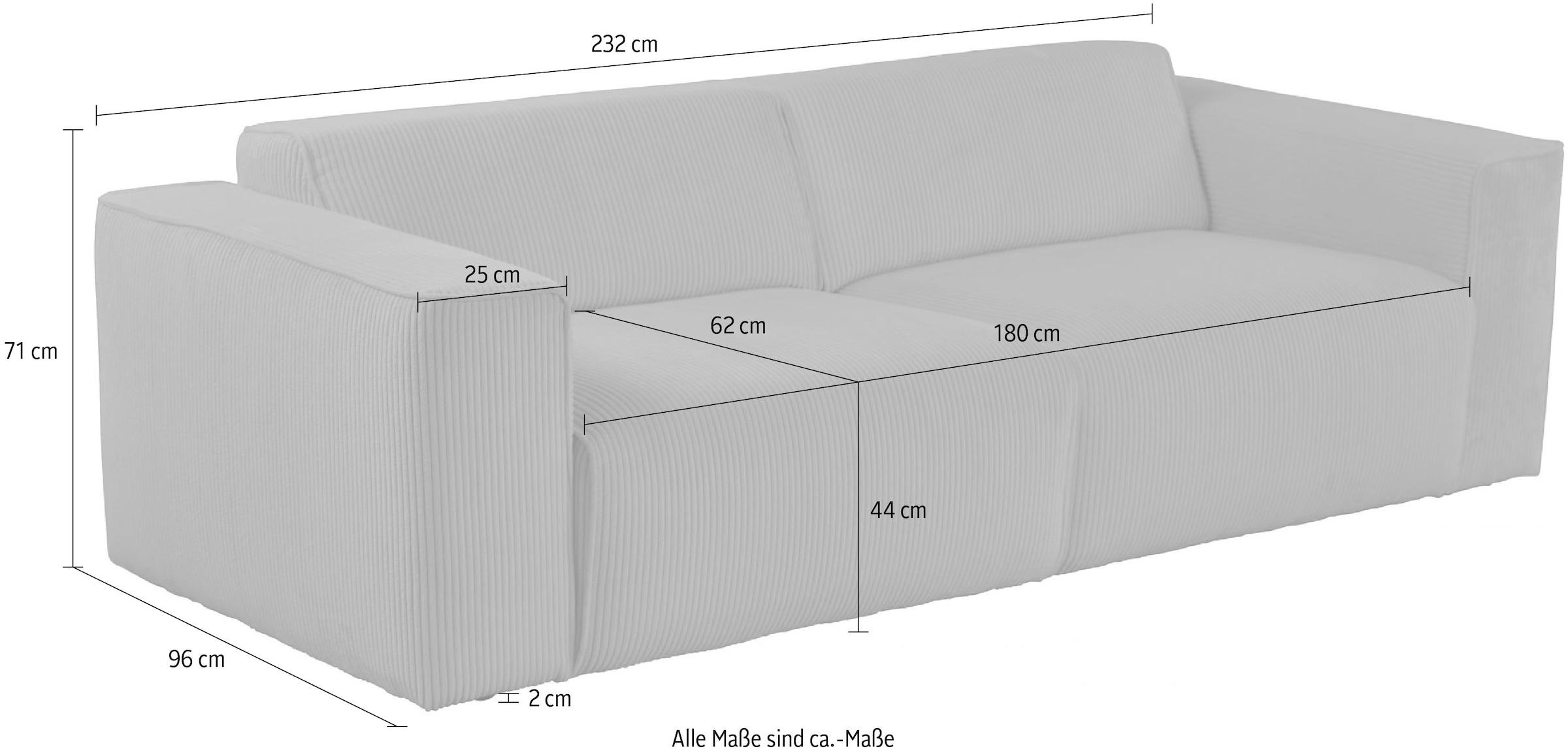 andas 3-Sitzer »Noord mit Kedernaht, Breite 232 cm«, Cord, Struktur, Webstoff, mit Wellenunterfederung, Massivholzrahmen