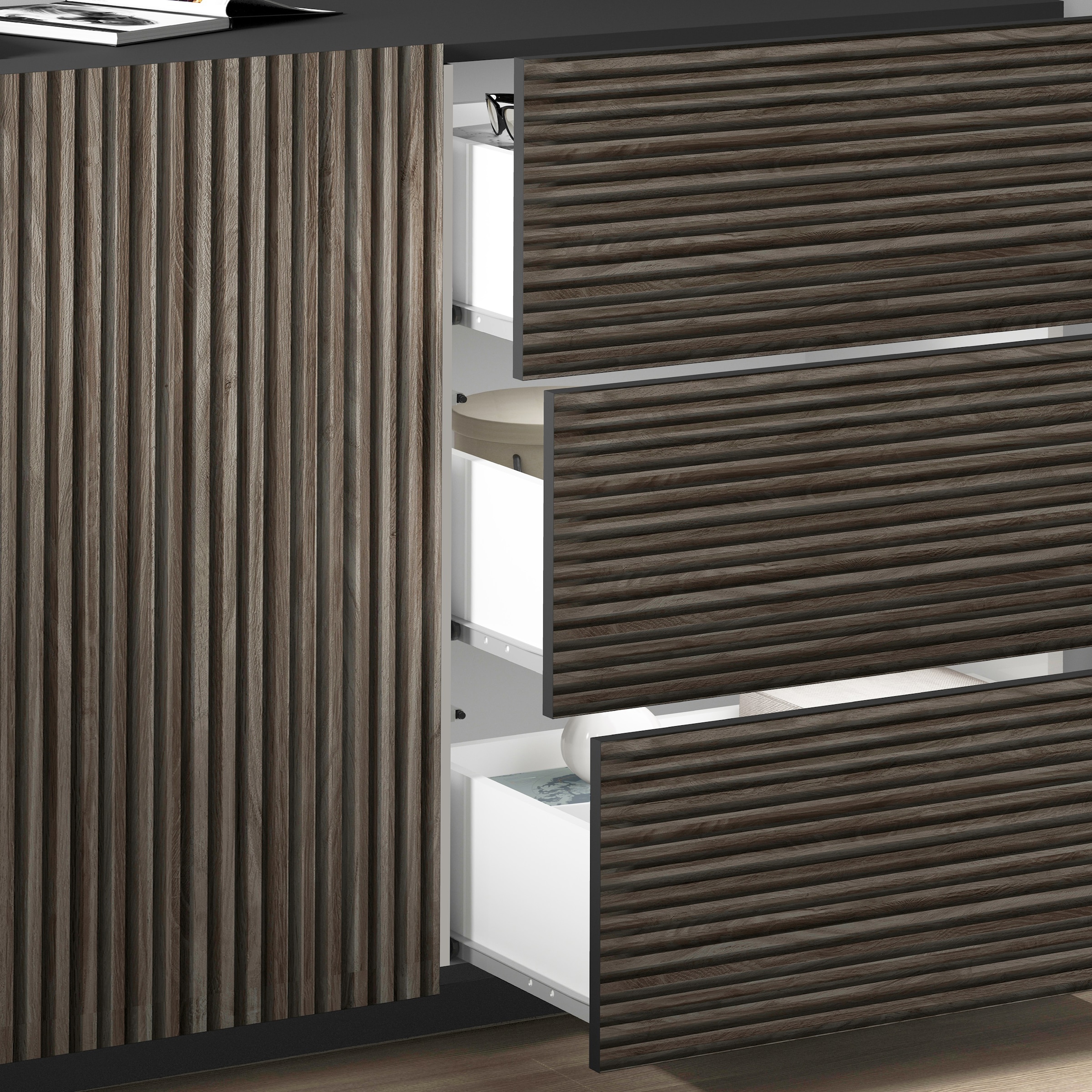 Home affaire Sideboard »Vega Sideboard,Kommode,180 cm« mit 2 Türen und 3 Schubladen,Fronten mit Rillen-Optik