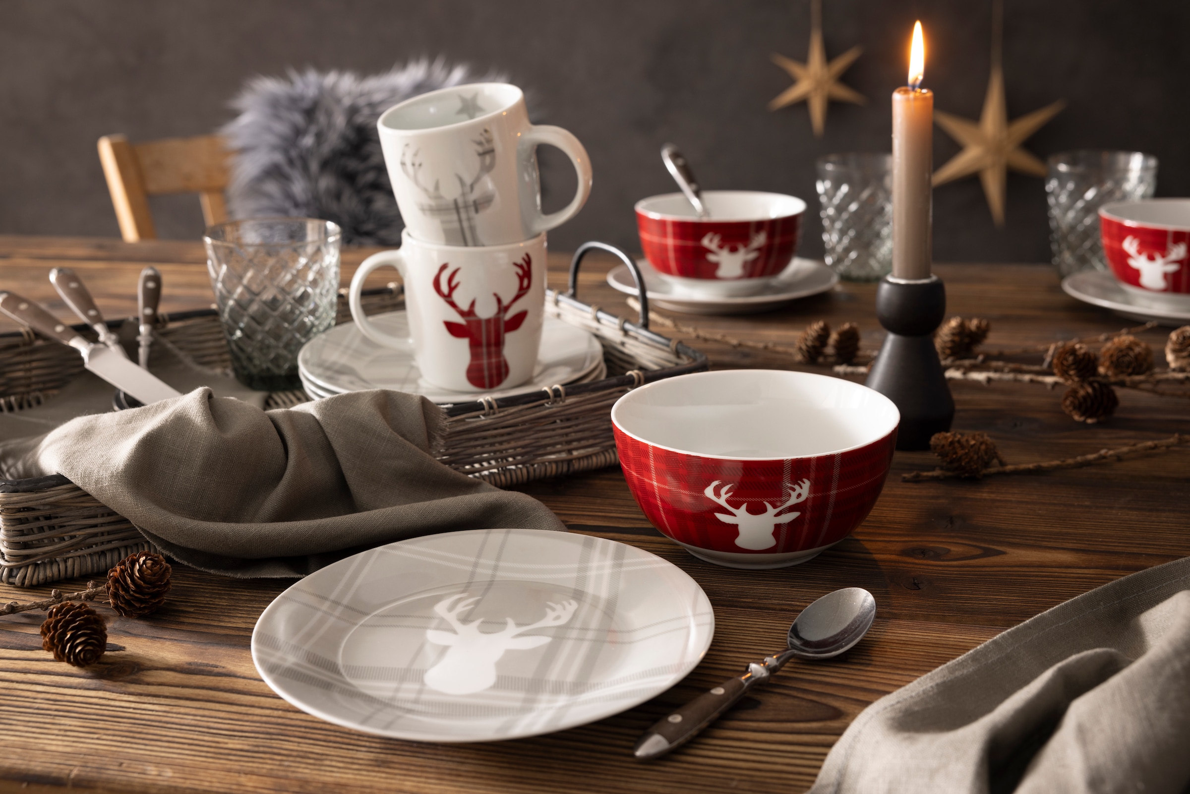 Retsch Arzberg Kombiservice »Geschirr-Set, Service HIGHLAND STAG, Winter, Advent, Weihnachten« Hirsch trifft Schottenkaro, 30 Teile, für 6 Personen