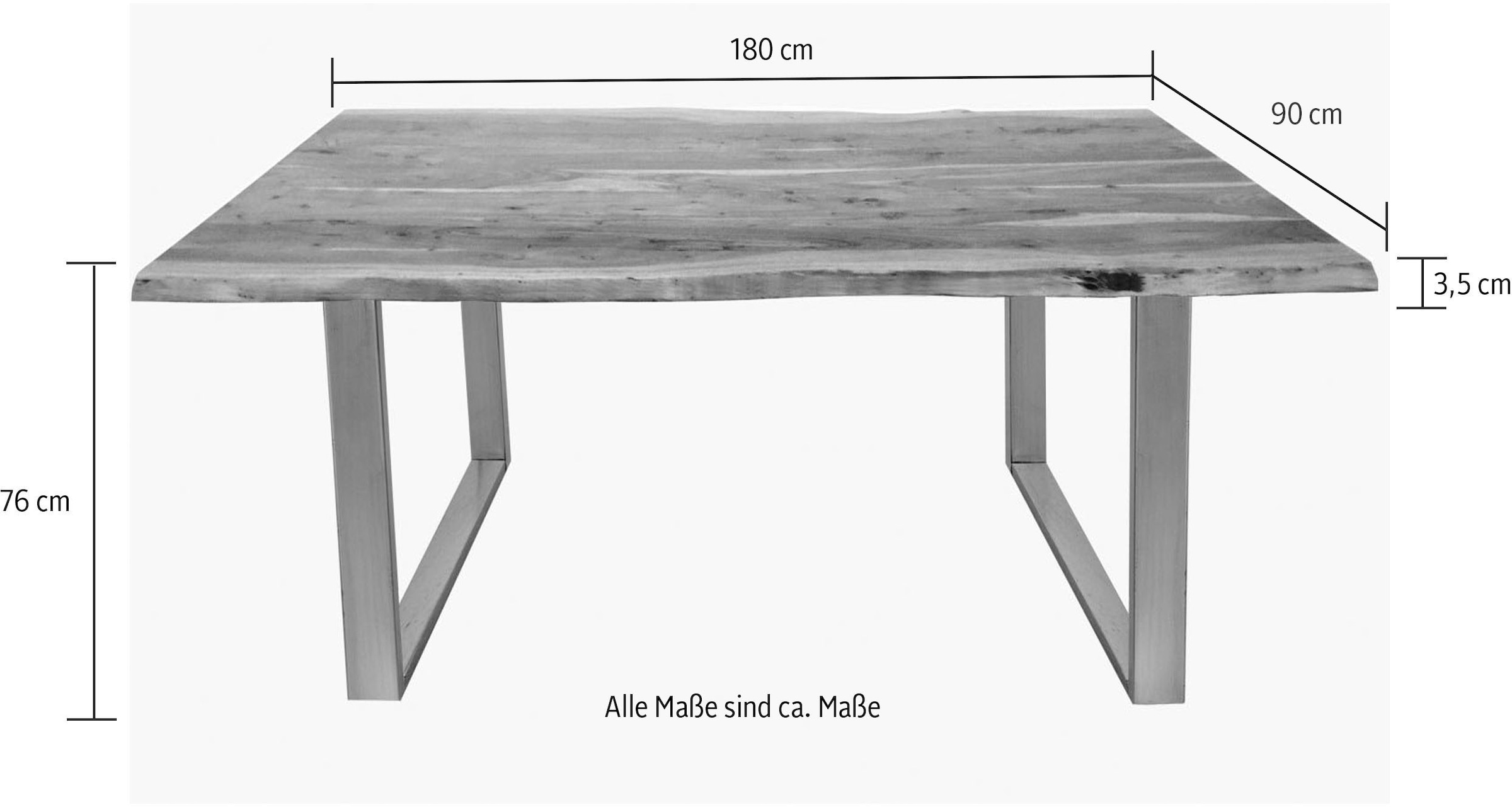 SIT Baumkantentisch »Bursa Akazie Massivholz Esstisch mit Stahl-Kufengestell« Massive Akazie in Naturfarben mit Baumkante & Unikat
