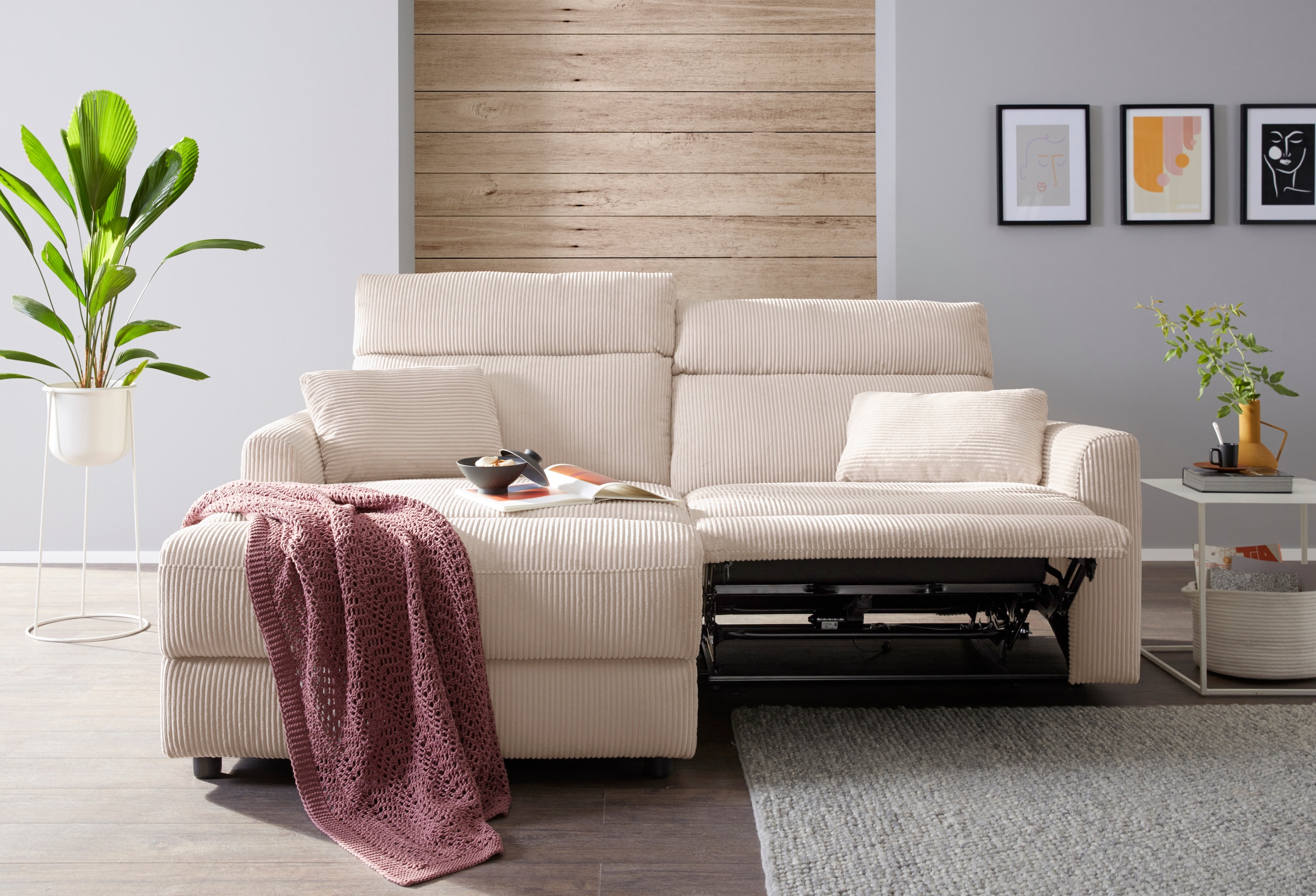 INOSIGN Ecksofa »JENNA, L-Form, 209cm, manuelle u. elektrische Funktion, mit USB A/C,«, Liegefunktion 105°-150°, Federkern, Cord