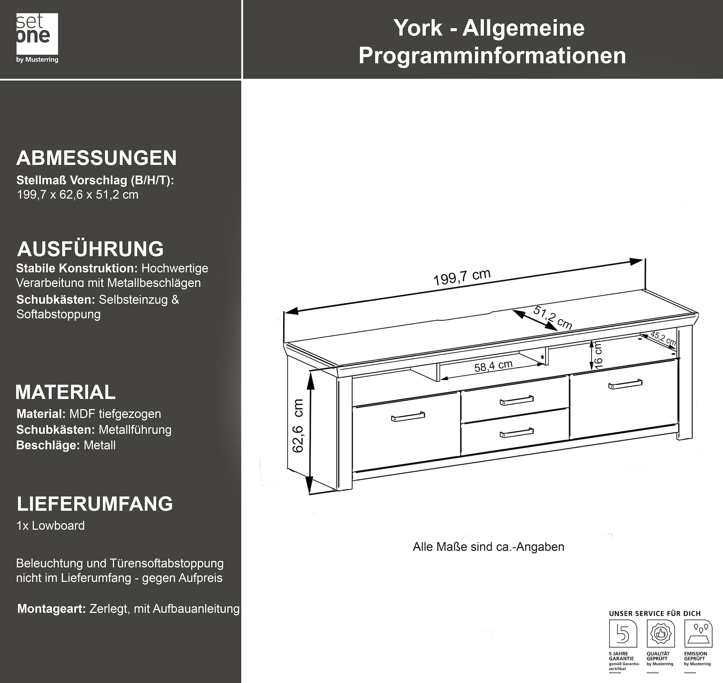 set one by Musterring Lowboard »York«, Typ 35, mit 4 Schubkästen, Beleuchtung optional, Breite 200 cm