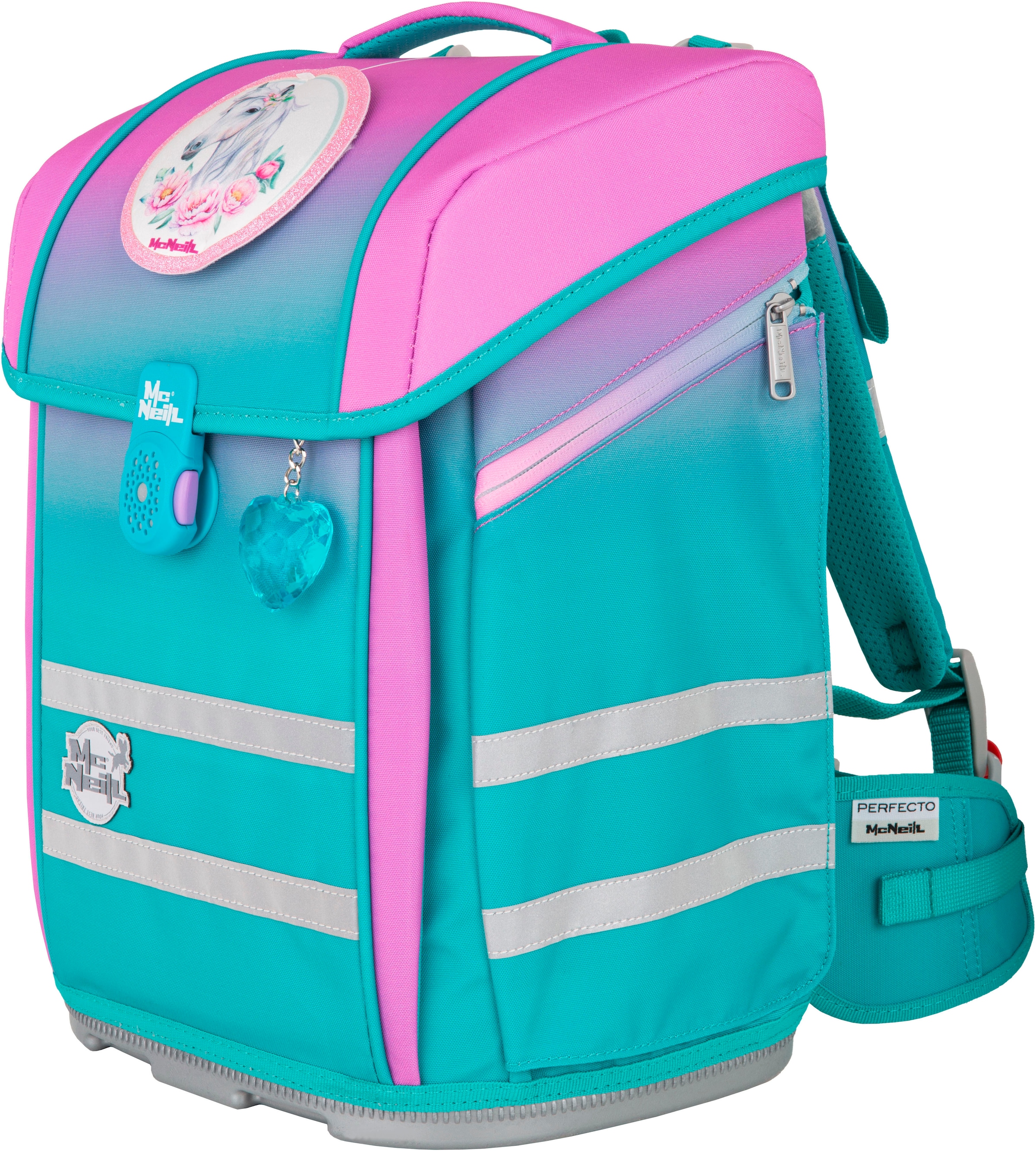 McNeill Schulranzen »Perfecto, Blueberry« reflektierende Streifen auf den Schultergurten;retroreflektierende Flächen inkl. Federmäppchen, Turnbeutel, Schlamperrolle & Motivmagnet