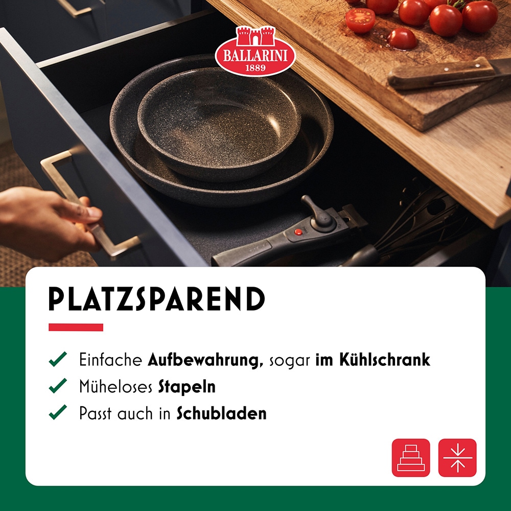 BALLARINI Pfannen-Set »Bratpfanne Torre«, Aluminium, (Set, 2 tlg., 1 abnehmbarer Griff, 1 Bratpfanne), Abnehmbarer Griff, Keramikbeschichtung, Made in Italy, stapelbar